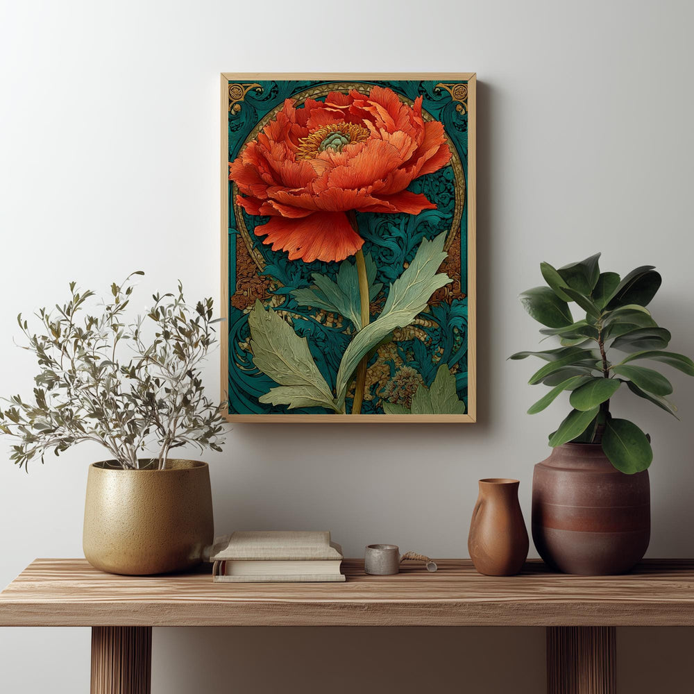 Large Floral Wall Art, Art Nouveau Poppy Print, Teal And Orange Botanical Canvas, Framed Vintage Poster, Elegant Nature Inspired Room Decor