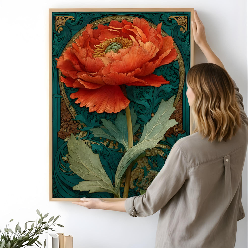 Large Floral Wall Art, Art Nouveau Poppy Print, Teal And Orange Botanical Canvas, Framed Vintage Poster, Elegant Nature Inspired Room Decor