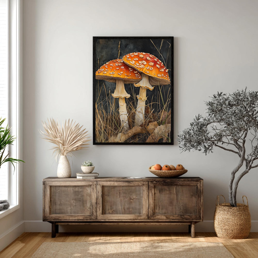 Wild Mushroom Botanical Canvas, Autumn Forest Floor Art, Goblincore Room Classic, Framed Fungi Illustration, Earthy Tones Print Design