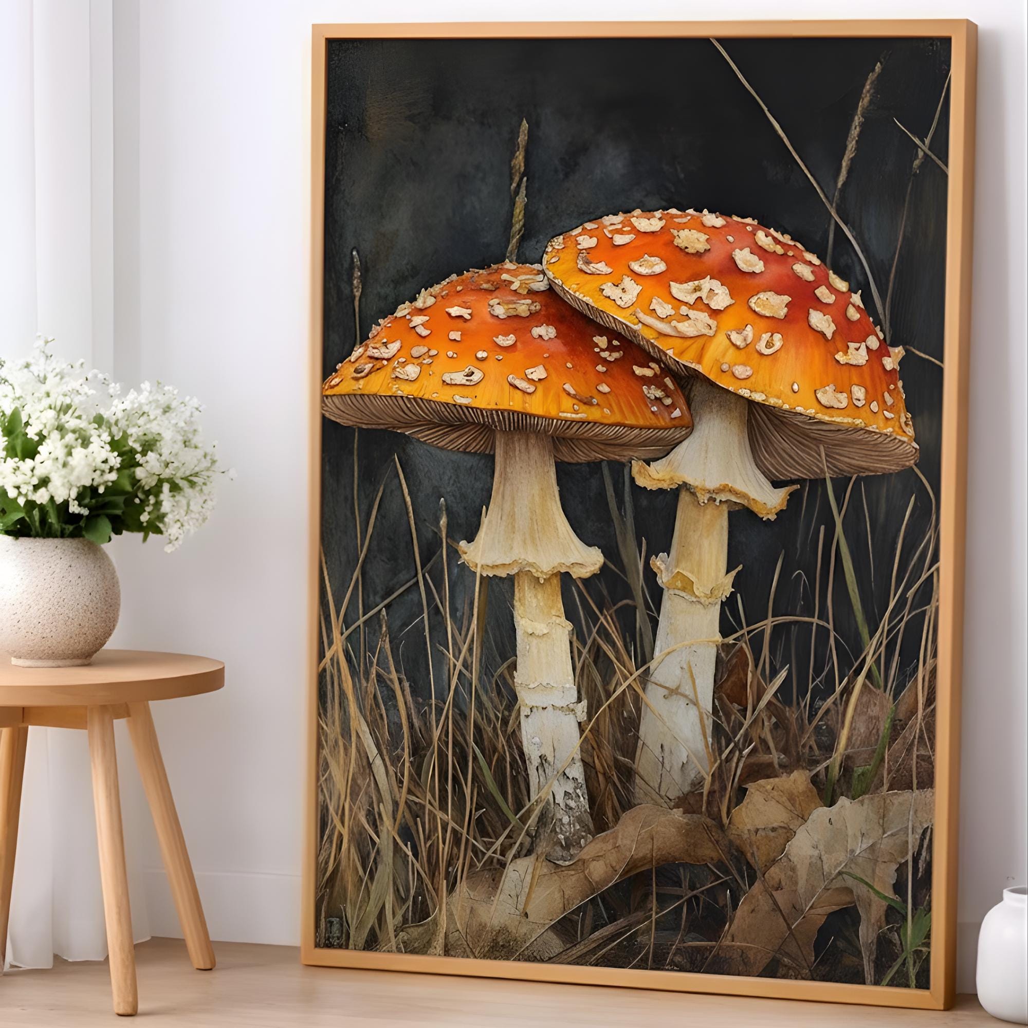 Wild Mushroom Botanical Canvas, Autumn Forest Floor Art, Goblincore Room Classic, Framed Fungi Illustration, Earthy Tones Print Design