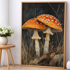 Wild Mushroom Botanical Canvas, Autumn Forest Floor Art, Goblincore Room Classic, Framed Fungi Illustration, Earthy Tones Print Design