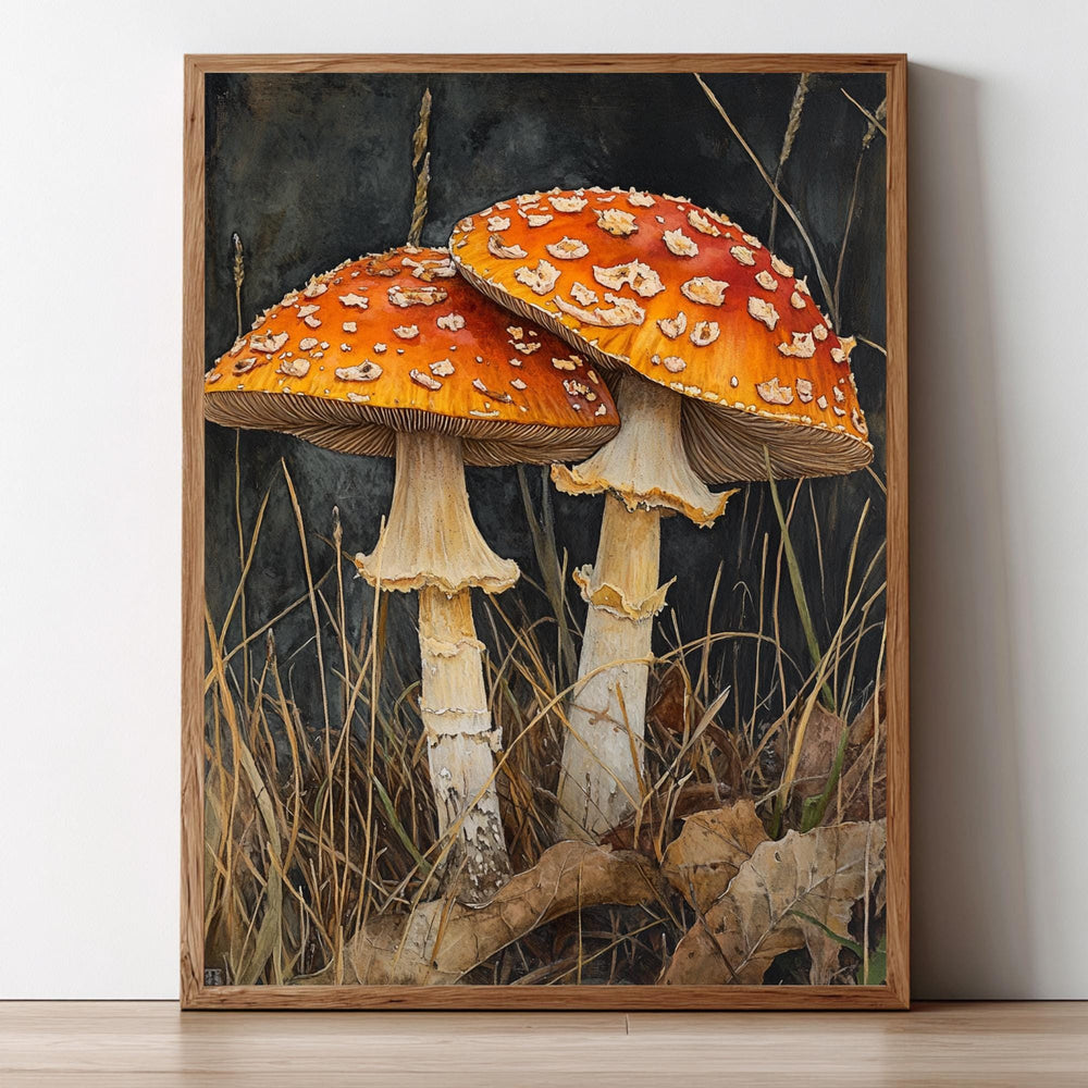 Wild Mushroom Botanical Canvas, Autumn Forest Floor Art, Goblincore Room Classic, Framed Fungi Illustration, Earthy Tones Print Design