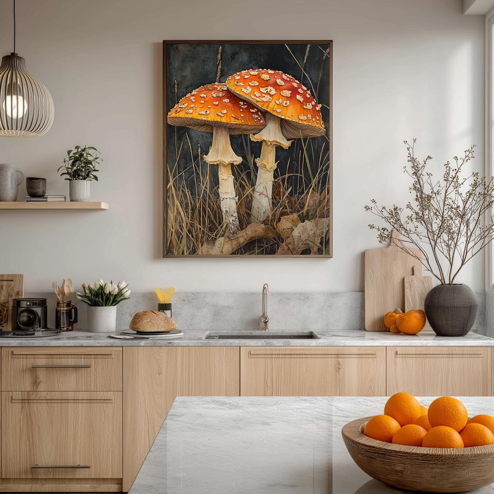 Wild Mushroom Botanical Canvas, Autumn Forest Floor Art, Goblincore Room Classic, Framed Fungi Illustration, Earthy Tones Print Design