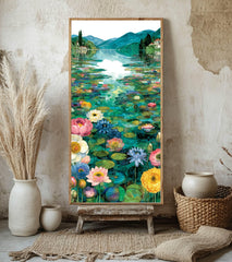 Water Lily Lake Wall Art, Tall Framed Canvas Art with Floral Pond Landscape, Serene Nature Home Decor