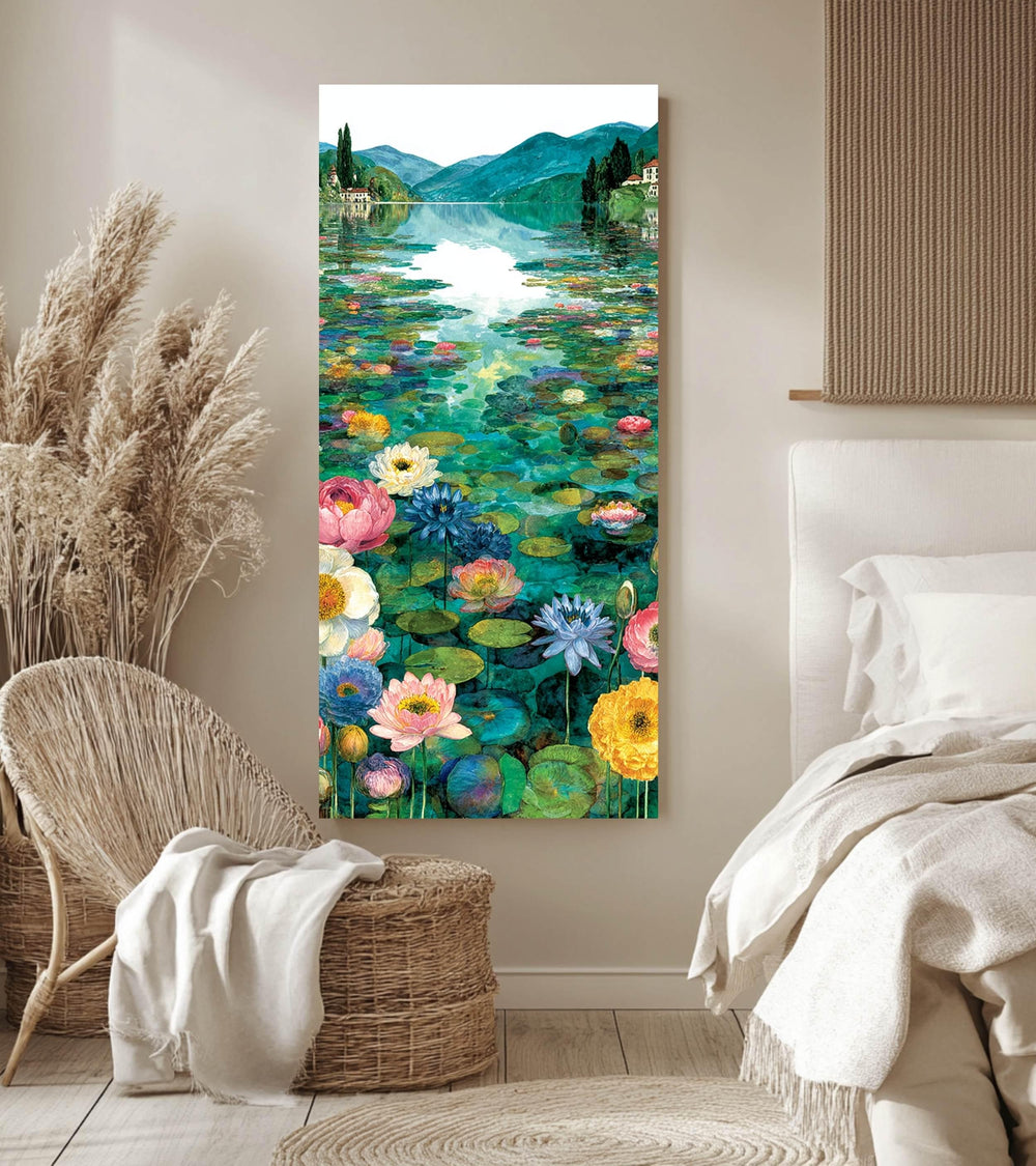 Water Lily Lake Wall Art, Tall Framed Canvas Art with Floral Pond Landscape, Serene Nature Home Decor