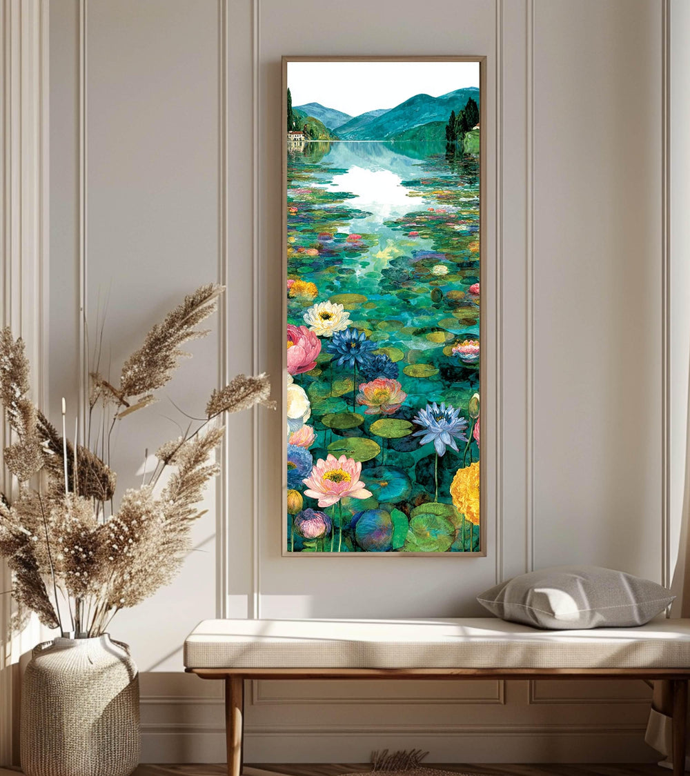 Water Lily Lake Wall Art, Tall Framed Canvas Art with Floral Pond Landscape, Serene Nature Home Decor
