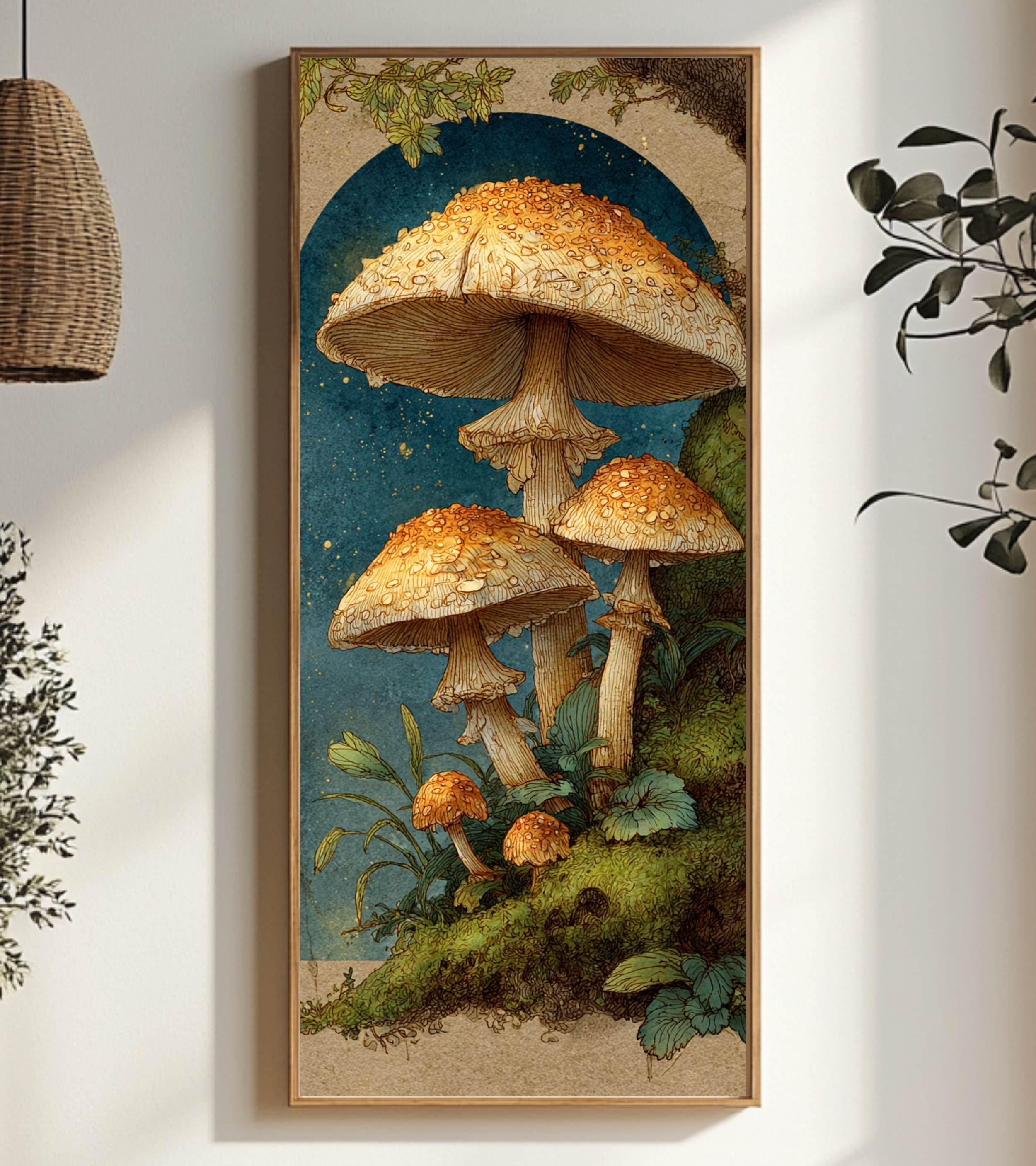 Vintage Mushroom Illustration Wall Art, Tall Framed Canvas Art with Woodland Fungi, Cottage Nature Home Decor
