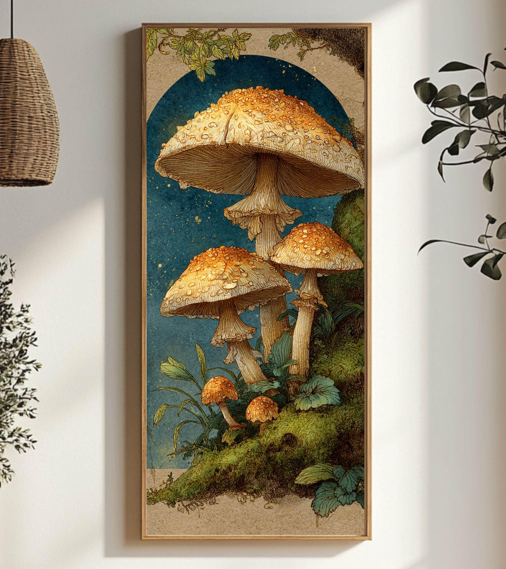 Vintage Mushroom Illustration Wall Art, Tall Framed Canvas Art with Woodland Fungi, Cottage Nature Home Decor