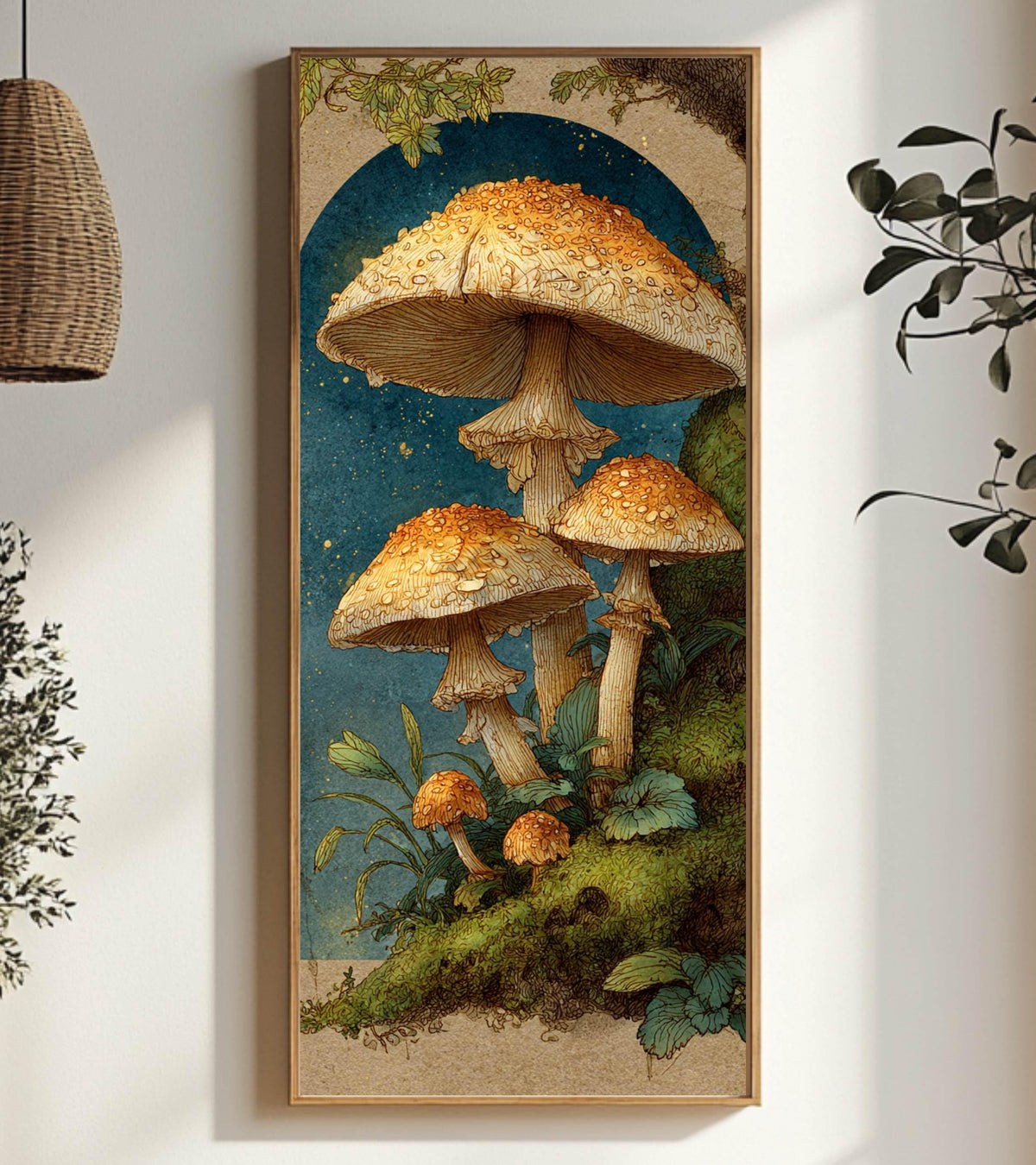 Vintage Mushroom Illustration Wall Art, Tall Framed Canvas Art with Woodland Fungi, Cottage Nature Home Decor