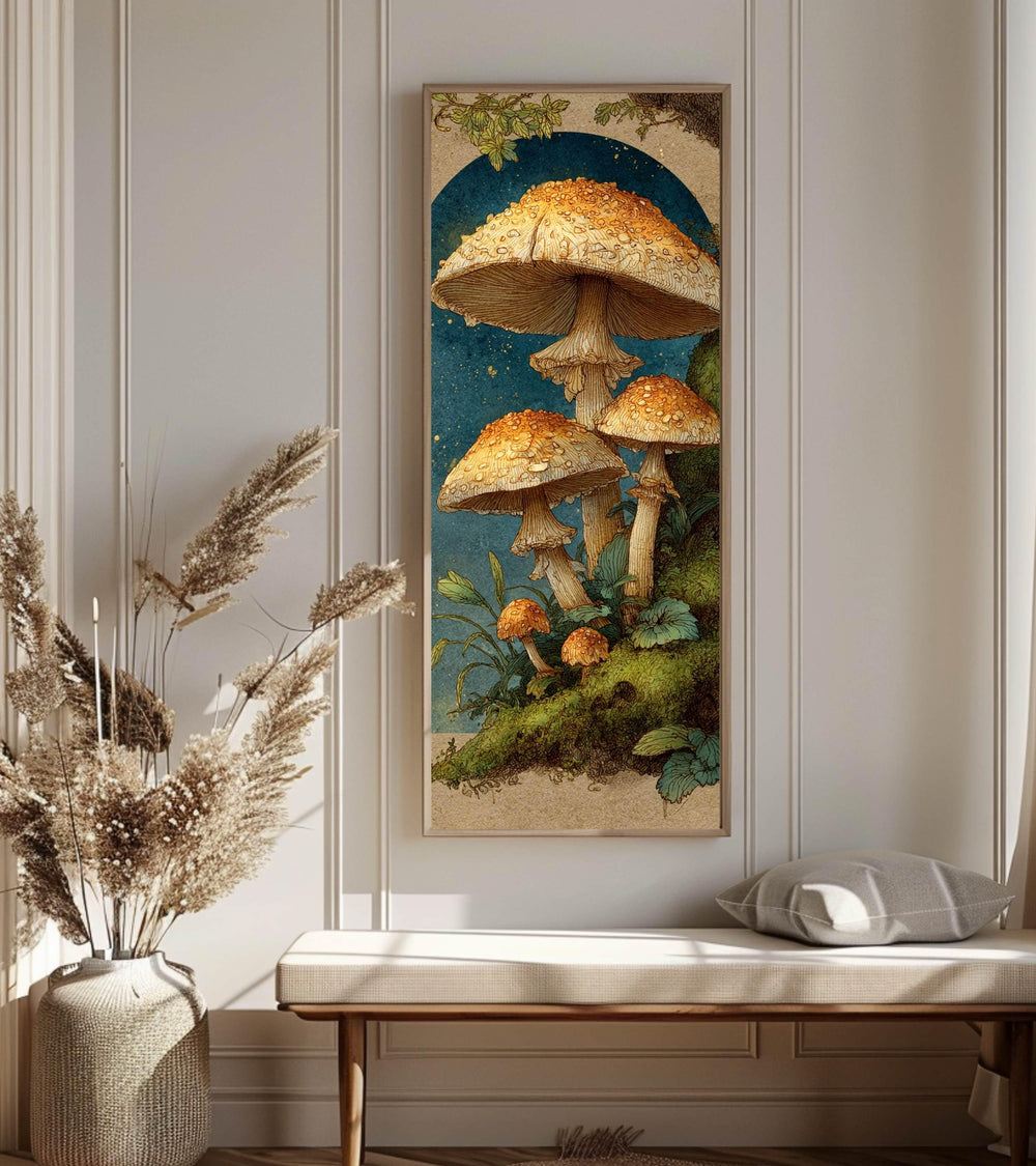 Vintage Mushroom Illustration Wall Art, Tall Framed Canvas Art with Woodland Fungi, Cottage Nature Home Decor