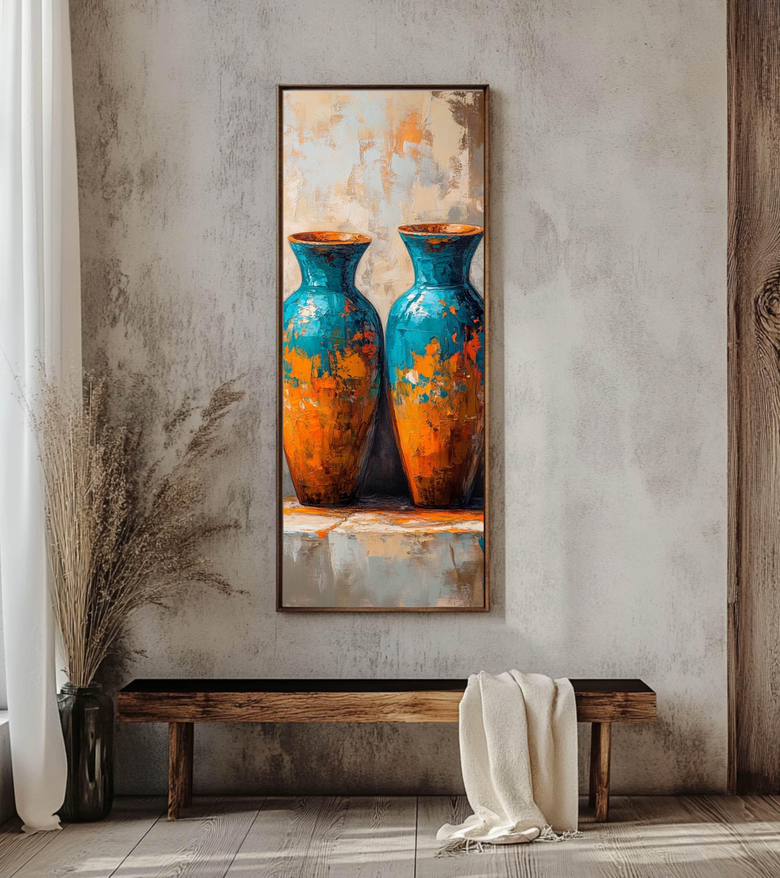 Abstract Twin Vase Wall Art, Tall Framed Canvas Art with Textured Blue and Orange Design, Modern Artistic Home Decor