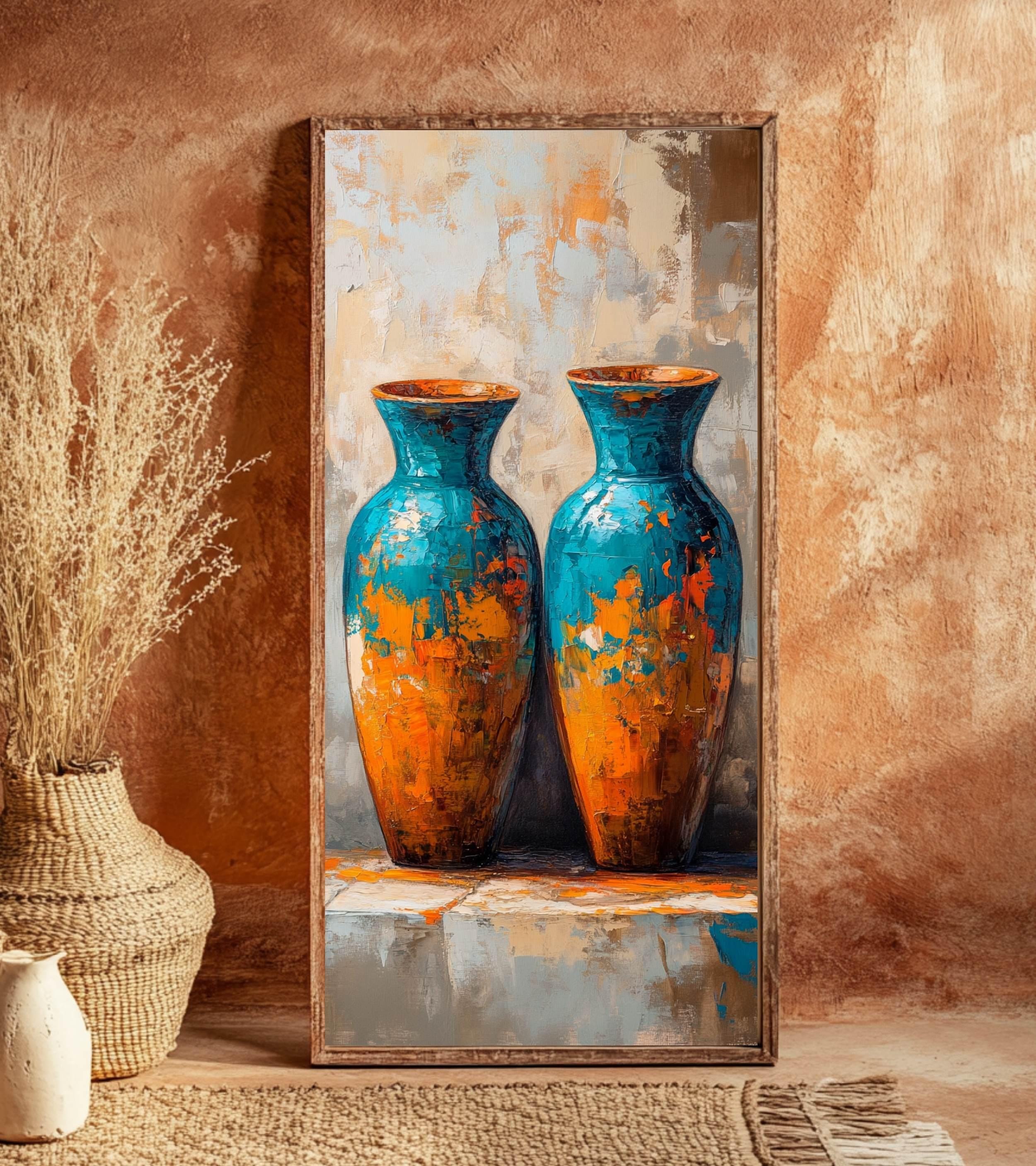 Abstract Twin Vase Wall Art, Tall Framed Canvas Art with Textured Blue and Orange Design, Modern Artistic Home Decor