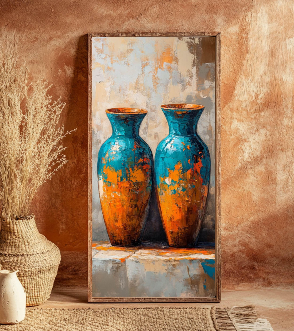 Abstract Twin Vase Wall Art, Tall Framed Canvas Art with Textured Blue and Orange Design, Modern Artistic Home Decor