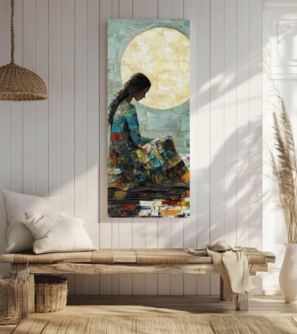 Moonlit Woman Wall Art, Tall Framed Canvas Art with Textured Feminine Portrait, Dreamy Celestial Home Decor
