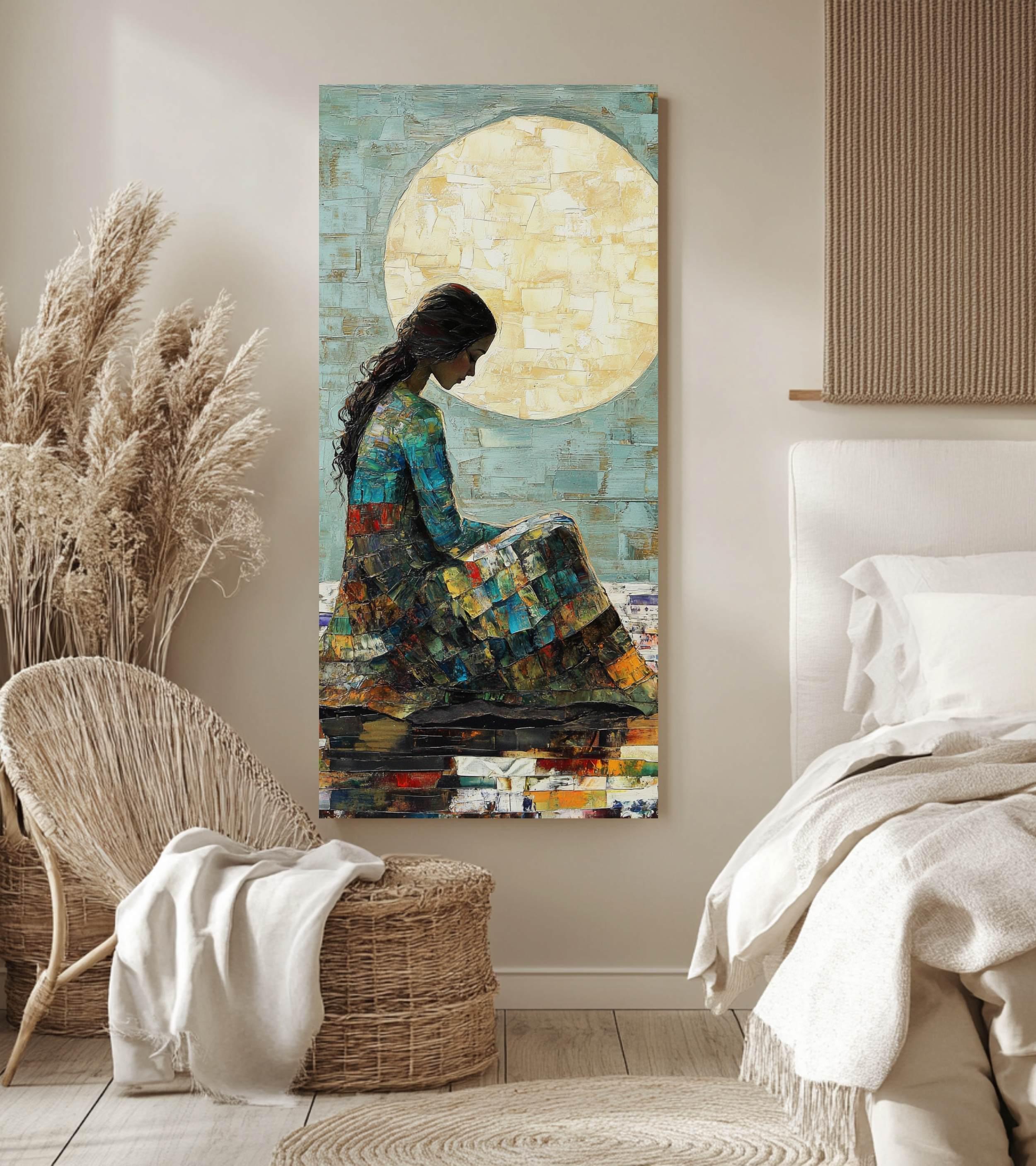 Moonlit Woman Wall Art, Tall Framed Canvas Art with Textured Feminine Portrait, Dreamy Celestial Home Decor
