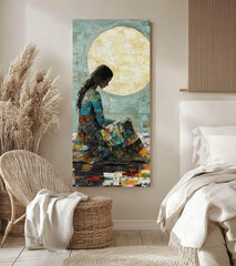 Moonlit Woman Wall Art, Tall Framed Canvas Art with Textured Feminine Portrait, Dreamy Celestial Home Decor