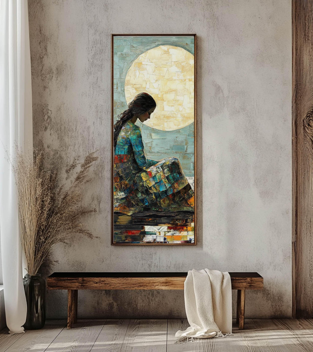 Moonlit Woman Wall Art, Tall Framed Canvas Art with Textured Feminine Portrait, Dreamy Celestial Home Decor