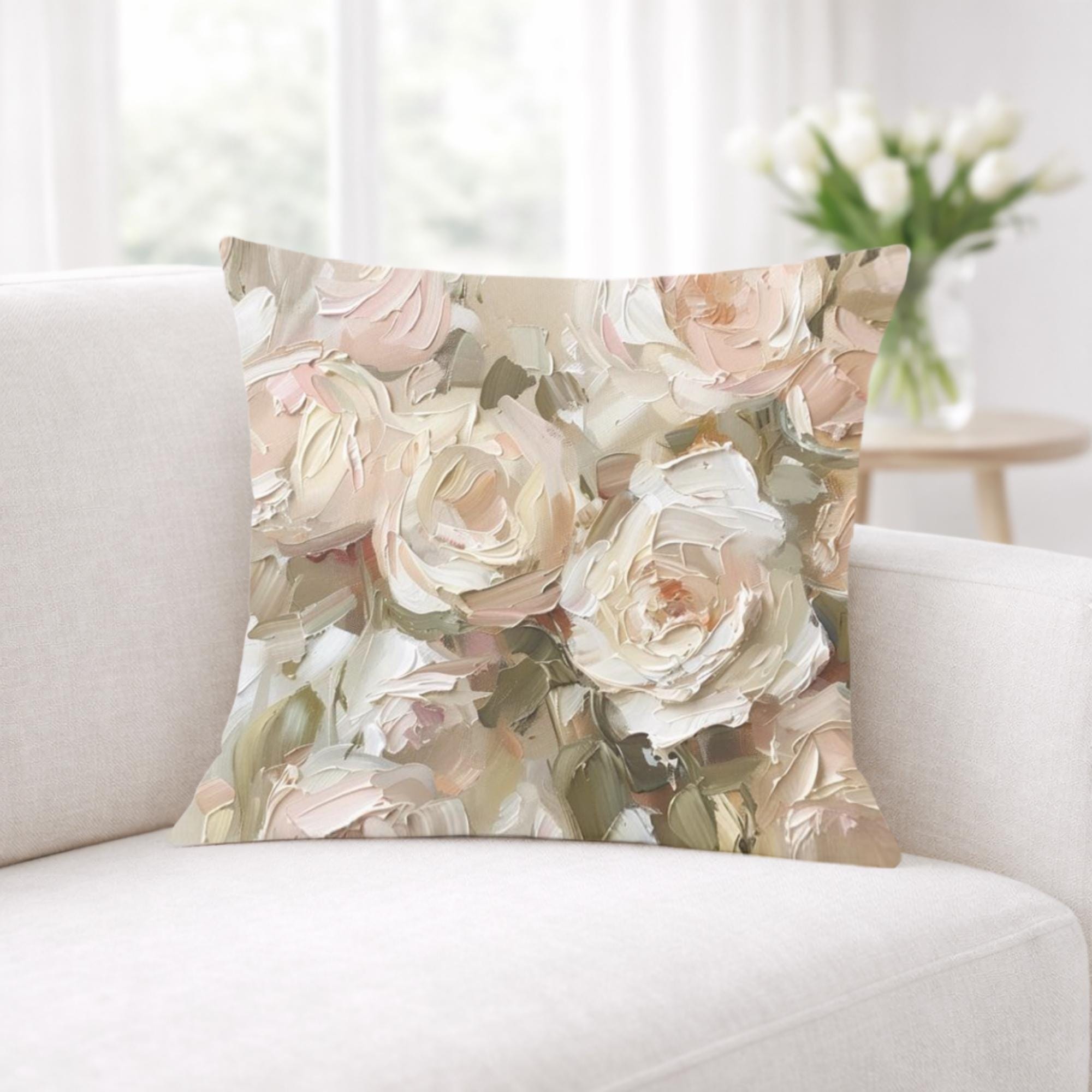 Blush Roses Accent Pillow, Romantic Neutral Floral Throw Pillow, Vintage Rose Art Pillowcase, Soft Cottagecore Cushion, Elegant Home Decor