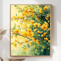 Yellow Floral Framed Canvas Art, Botanical Watercolor Wall Art, Nature Inspired Flower Canvas, Bright Cottage Decor
