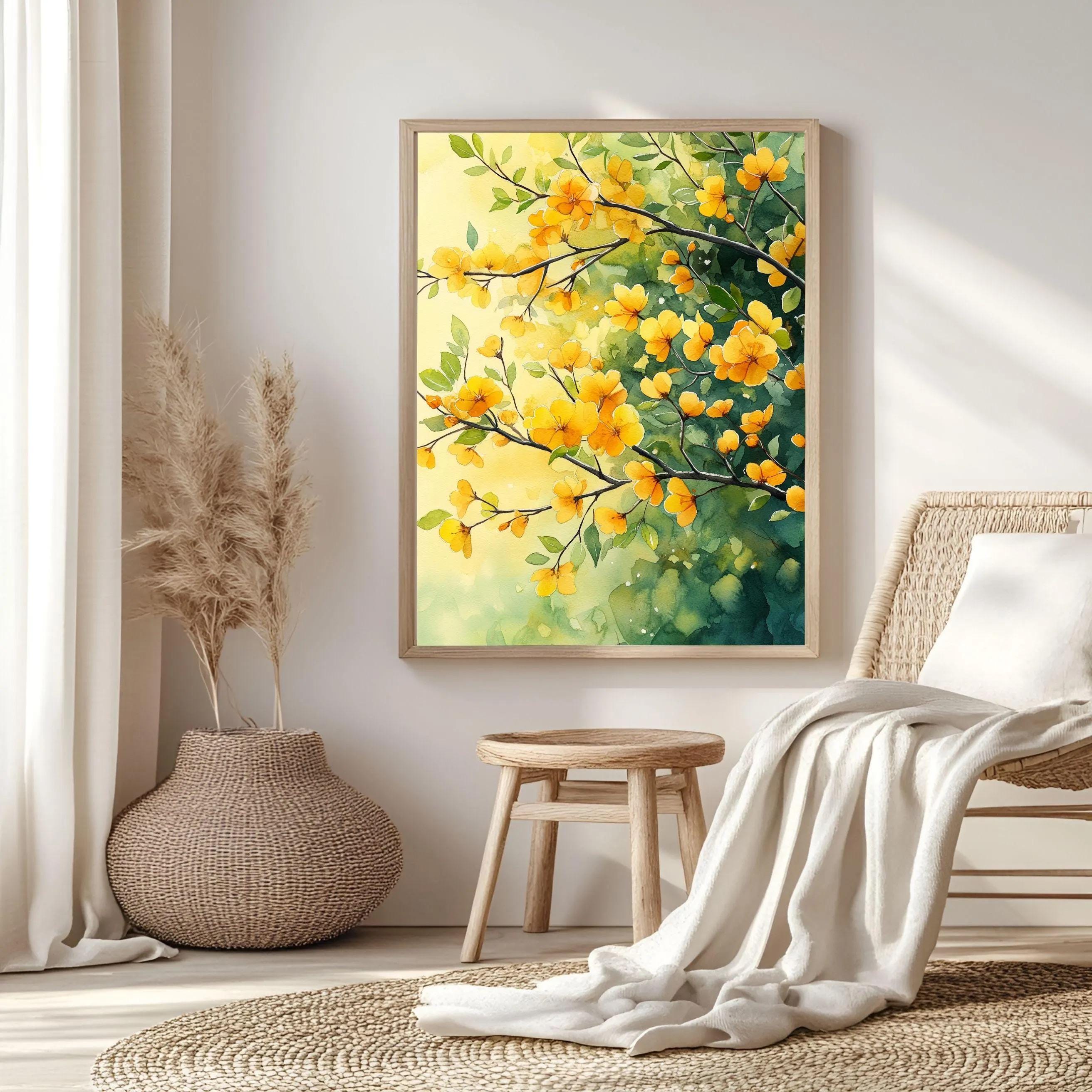 Yellow Floral Framed Canvas Art, Botanical Watercolor Wall Art, Nature Inspired Flower Canvas, Bright Cottage Decor