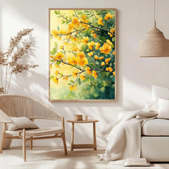 Yellow Floral Framed Canvas Art, Botanical Watercolor Wall Art, Nature Inspired Flower Canvas, Bright Cottage Decor