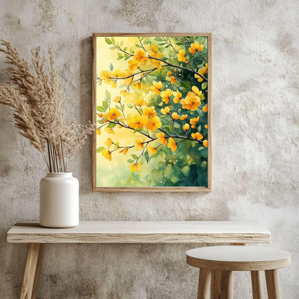 Yellow Floral Framed Canvas Art, Botanical Watercolor Wall Art, Nature Inspired Flower Canvas, Bright Cottage Decor