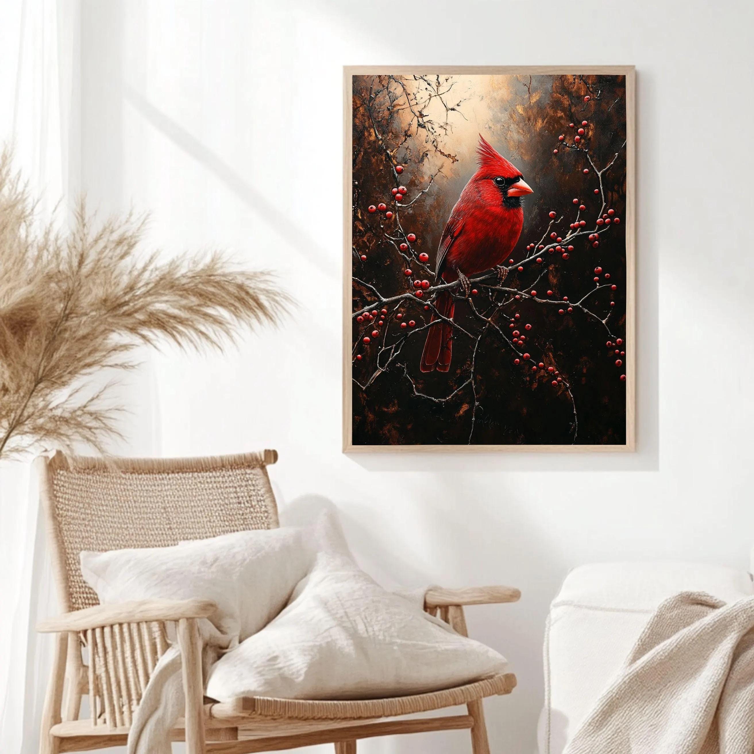 Red Cardinal Winter Framed Canvas Wall Art, Moody Woodland Bird Artwork, Rustic Nature Home Decor, Winter Wildlife Art