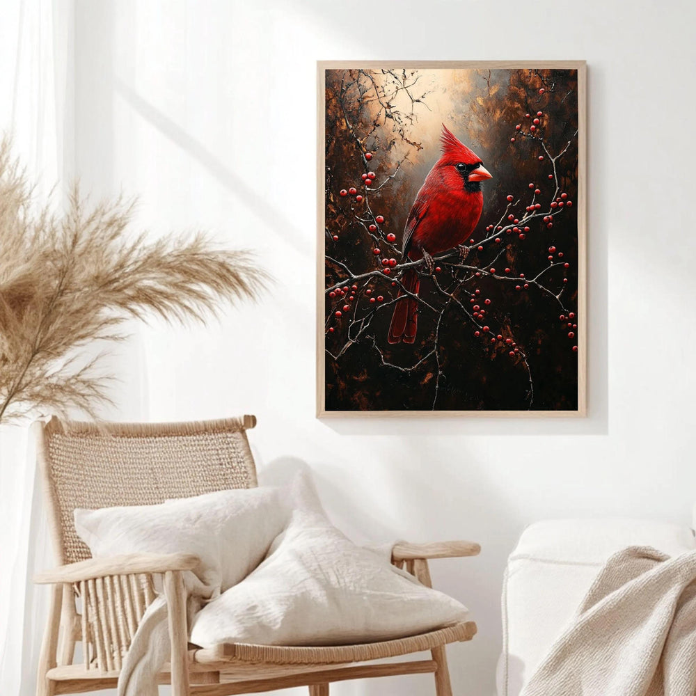 Red Cardinal Winter Framed Canvas Wall Art, Moody Woodland Bird Artwork, Rustic Nature Home Decor, Winter Wildlife Art