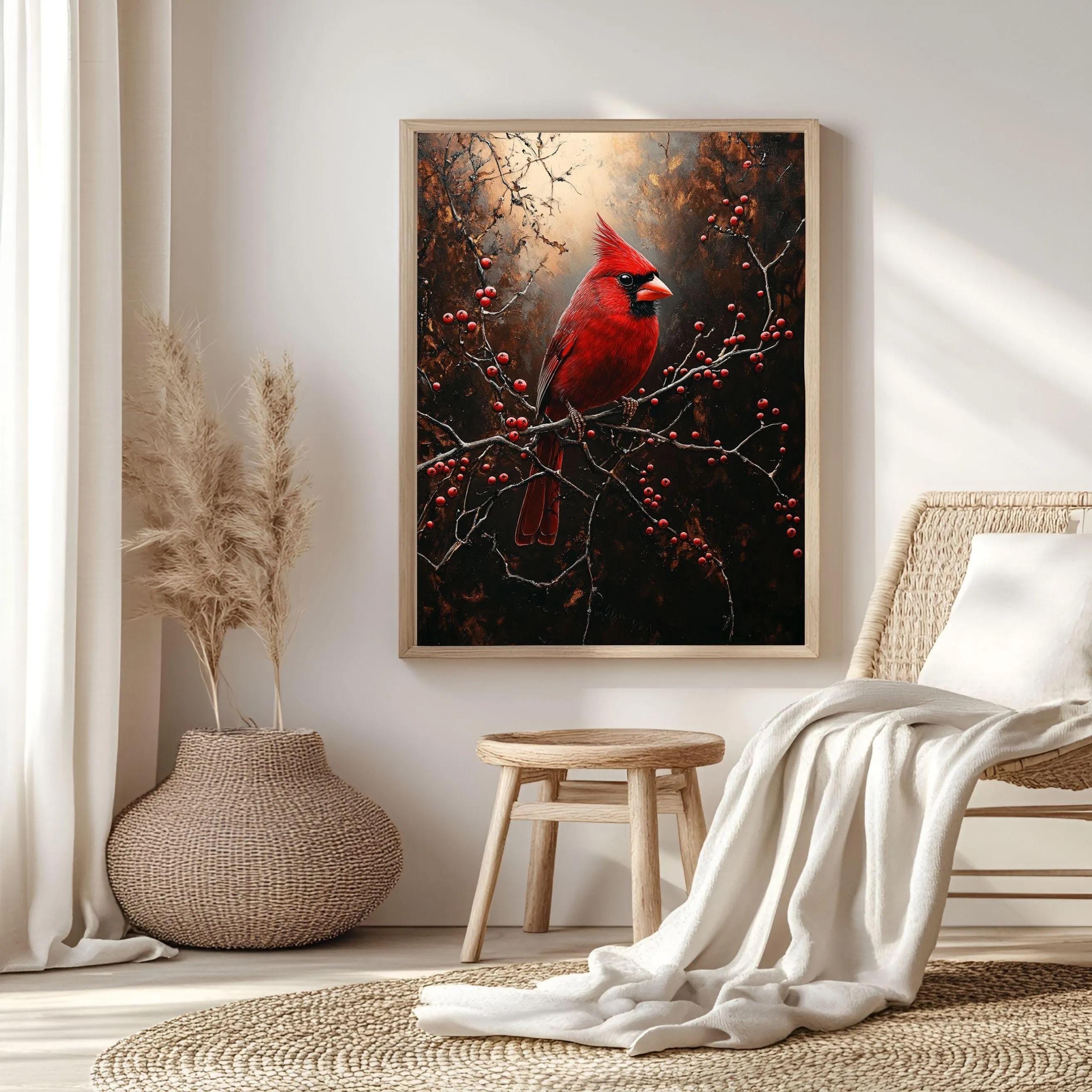 Red Cardinal Winter Framed Canvas Wall Art, Moody Woodland Bird Artwork, Rustic Nature Home Decor, Winter Wildlife Art