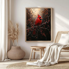 Red Cardinal Winter Framed Canvas Wall Art, Moody Woodland Bird Artwork, Rustic Nature Home Decor, Winter Wildlife Art