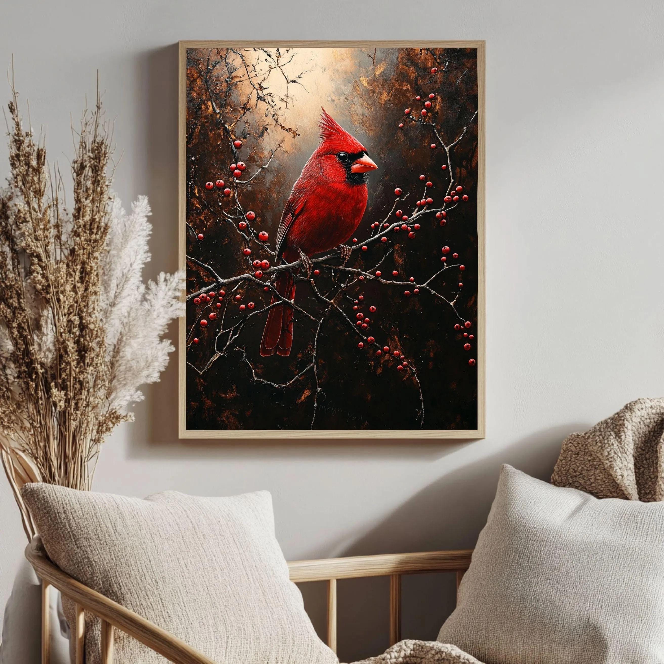 Red Cardinal Winter Framed Canvas Wall Art, Moody Woodland Bird Artwork, Rustic Nature Home Decor, Winter Wildlife Art