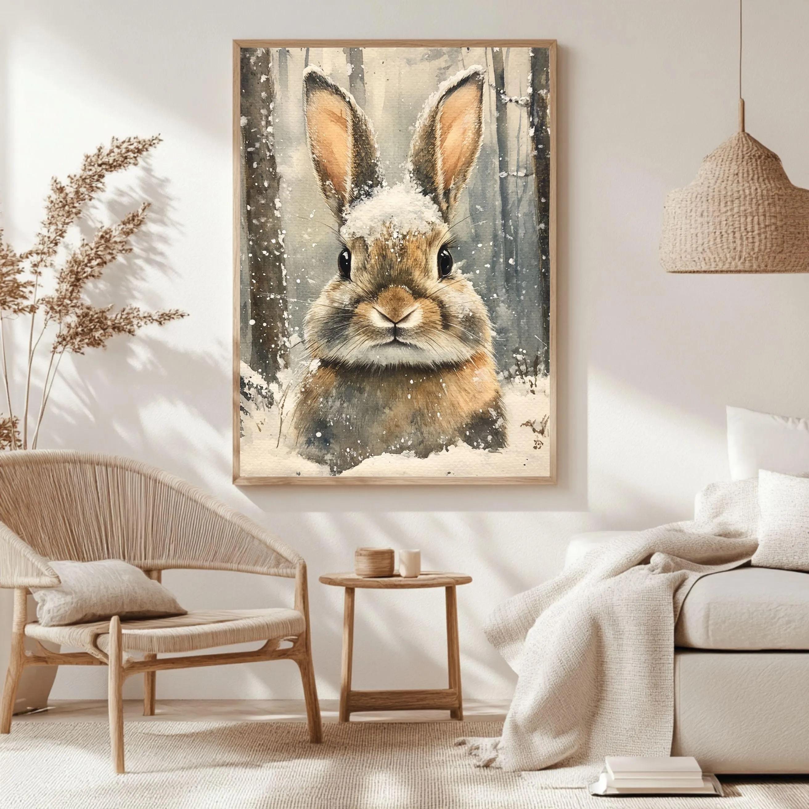 Rabbit Portrait Framed Canvas Art, Woodland Animal Wall Art, Cozy Winter Wildlife Decor, Rustic Nature Art