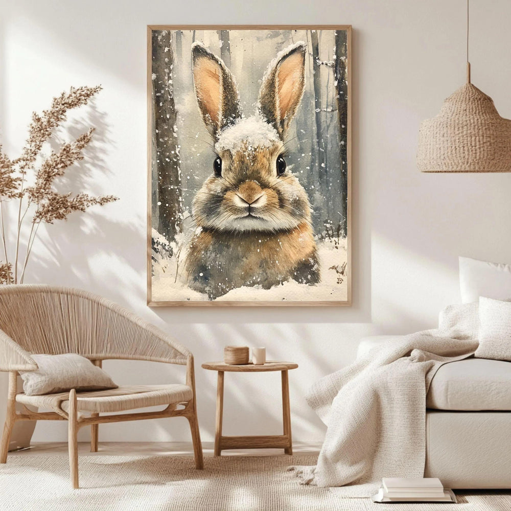 Rabbit Portrait Framed Canvas Art, Woodland Animal Wall Art, Cozy Winter Wildlife Decor, Rustic Nature Art