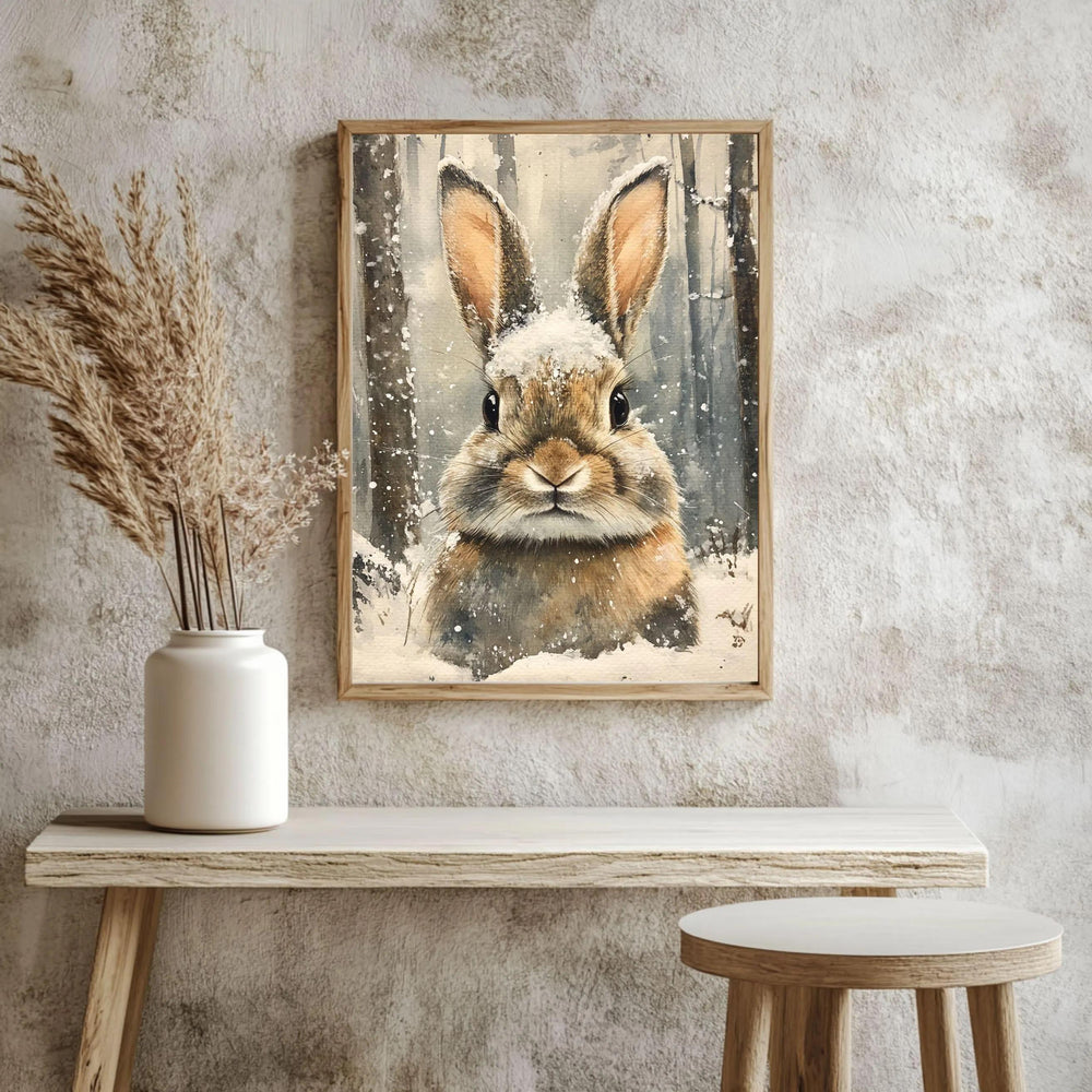 Rabbit Portrait Framed Canvas Art, Woodland Animal Wall Art, Cozy Winter Wildlife Decor, Rustic Nature Art