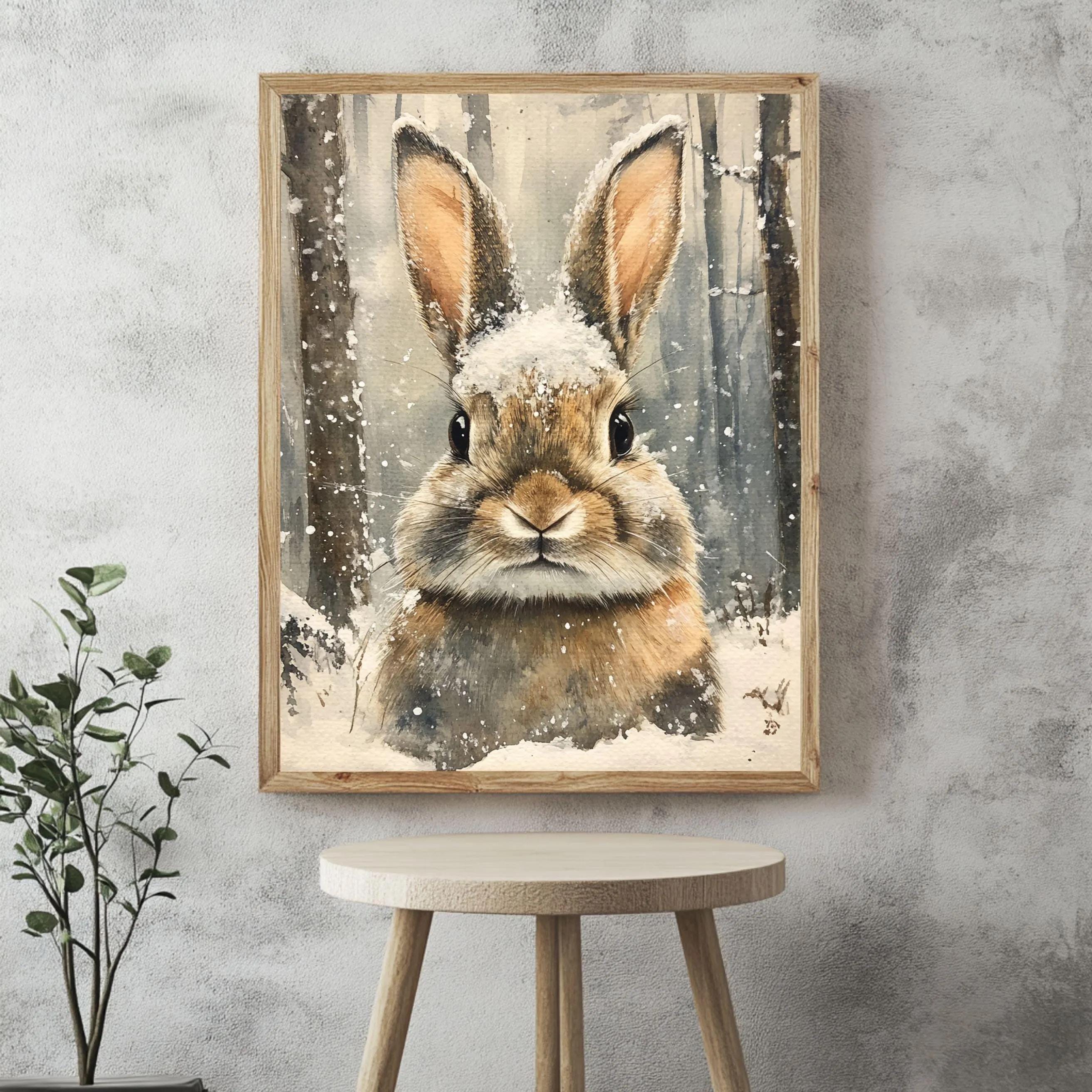 Rabbit Portrait Framed Canvas Art, Woodland Animal Wall Art, Cozy Winter Wildlife Decor, Rustic Nature Art