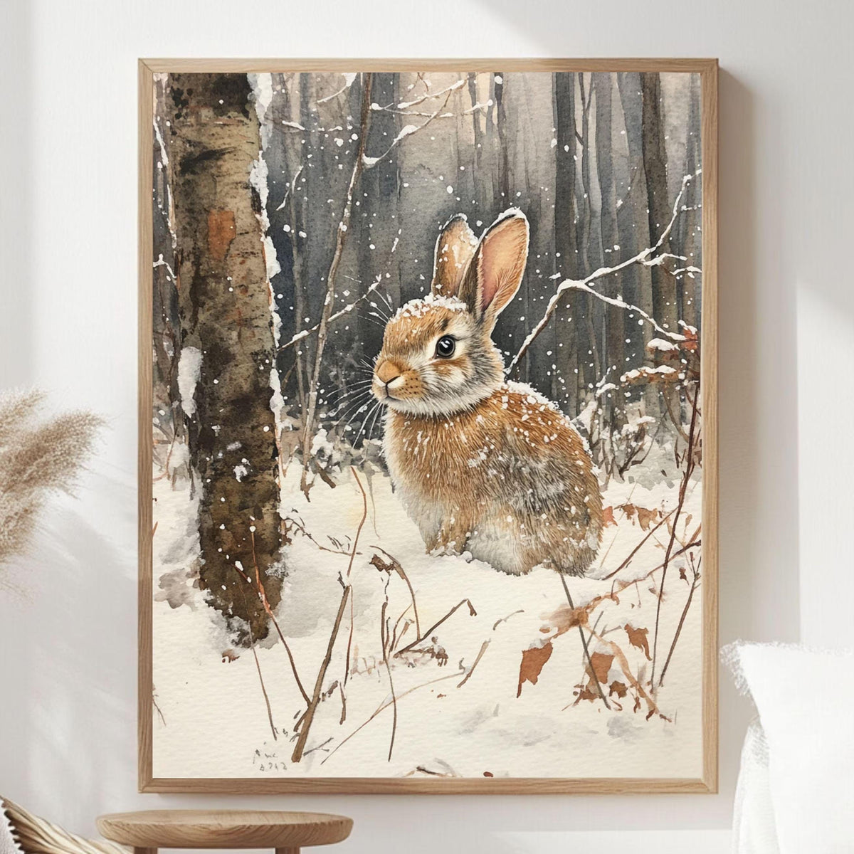 Woodland Rabbit Framed Canvas Art, Winter Animal Wall Art, Forest Wildlife Decor, Cozy Nature Canvas