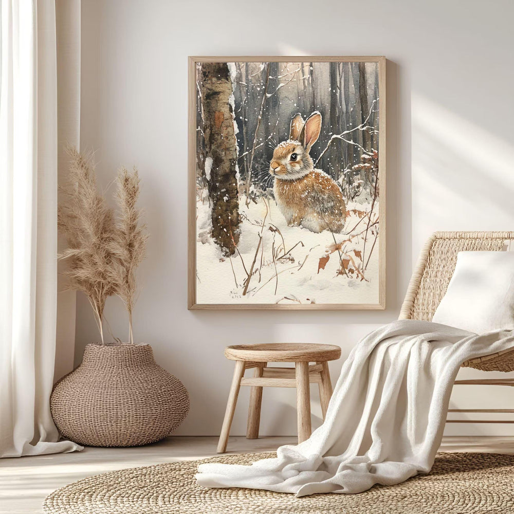 Woodland Rabbit Framed Canvas Art, Winter Animal Wall Art, Forest Wildlife Decor, Cozy Nature Canvas