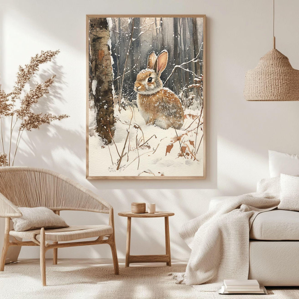 Woodland Rabbit Framed Canvas Art, Winter Animal Wall Art, Forest Wildlife Decor, Cozy Nature Canvas