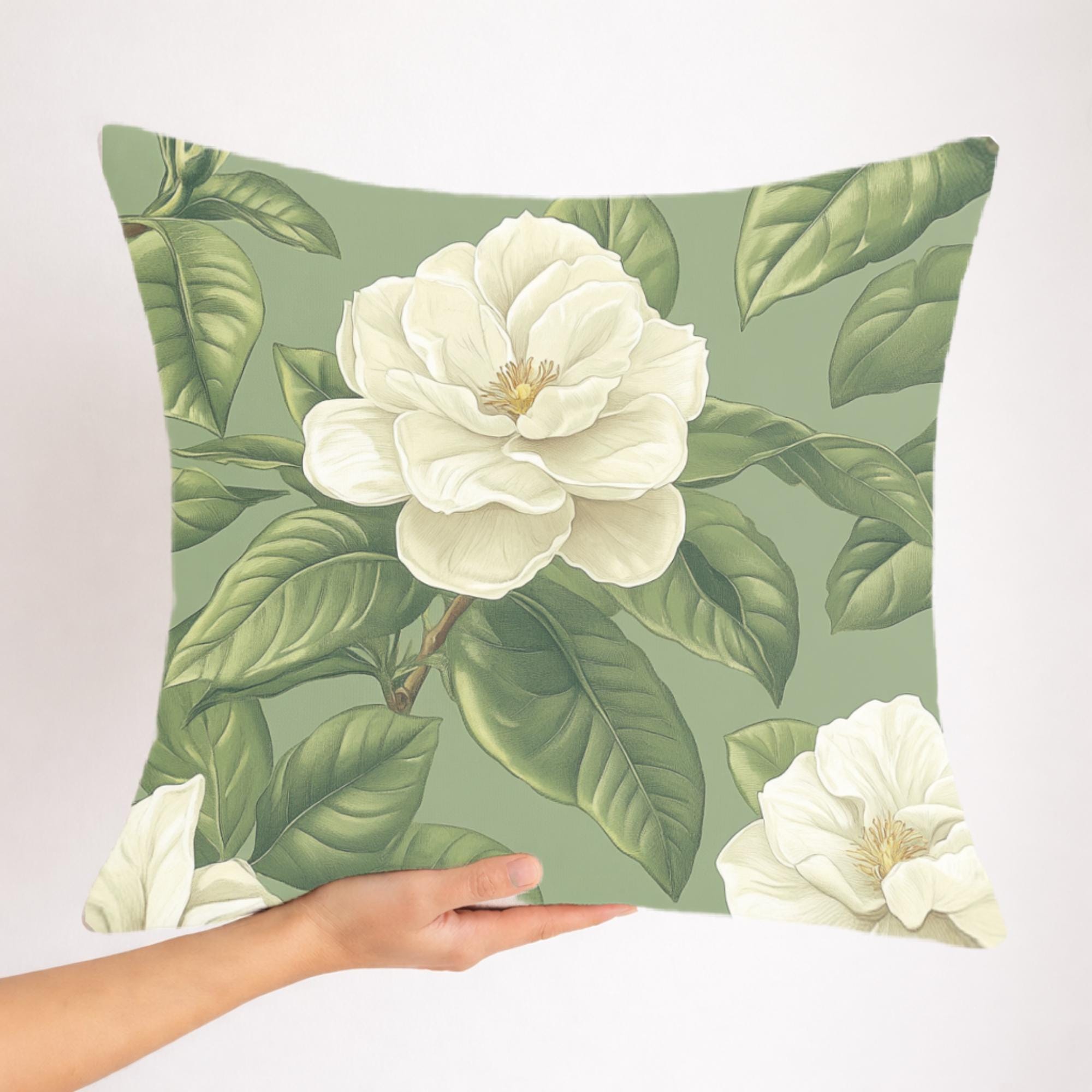 Sage Gardenia Decorative Pillow, Elegant White Floral Cushion, Botanical Green Throw Pillow, Classic Flower Pillowcase, Cottagecore Decor