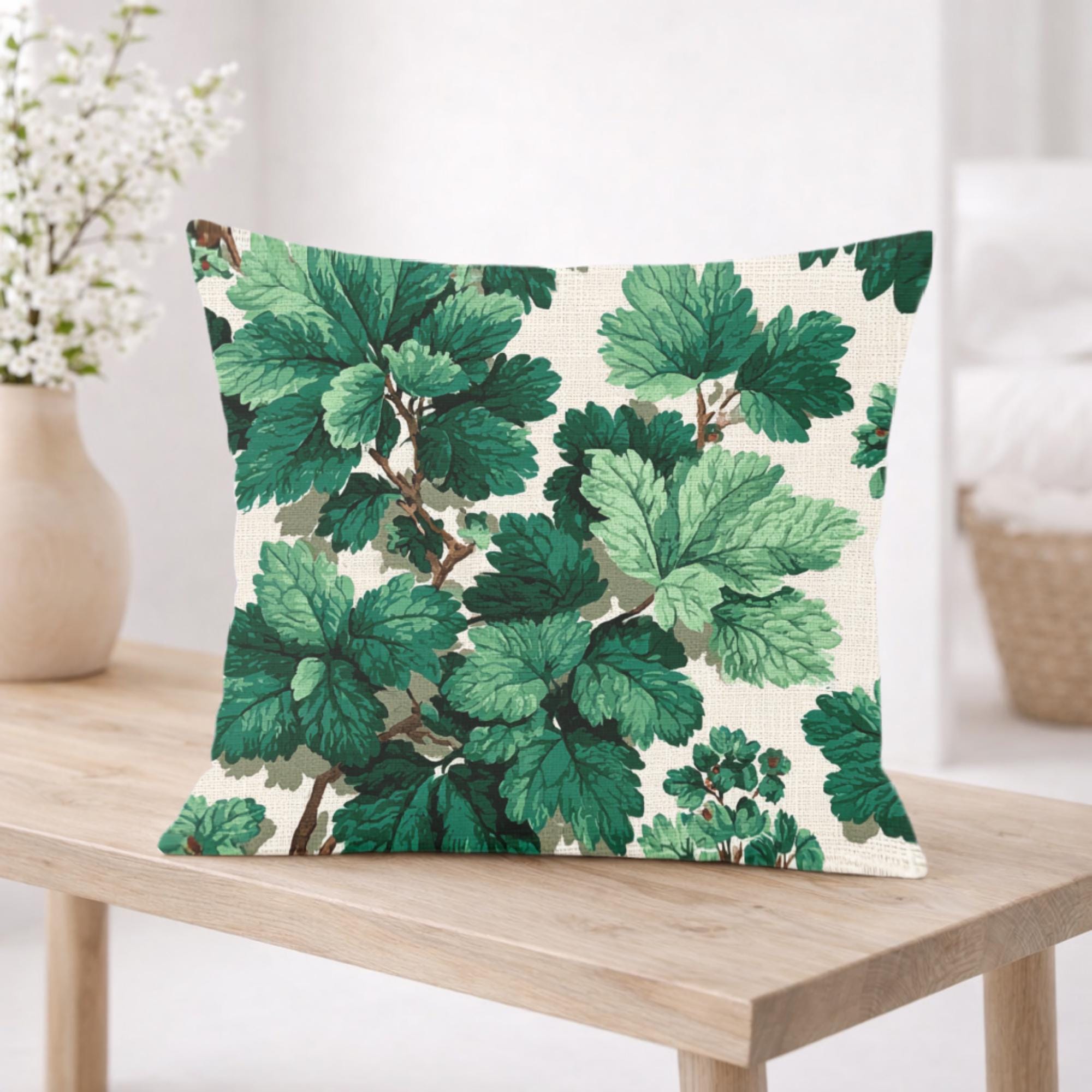 Green Botanical Leaves Pillow, Nature-Inspired Cushion, Lush Garden Leaf Throw Pillow, Cottagecore Pillowcase, Serene Home Decor