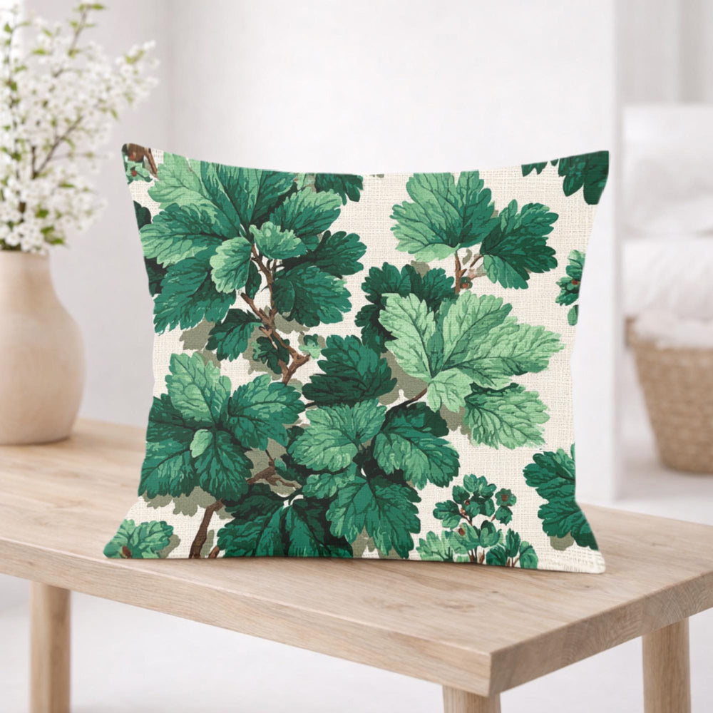 Green Botanical Leaves Pillow, Nature-Inspired Cushion, Lush Garden Leaf Throw Pillow, Cottagecore Pillowcase, Serene Home Decor