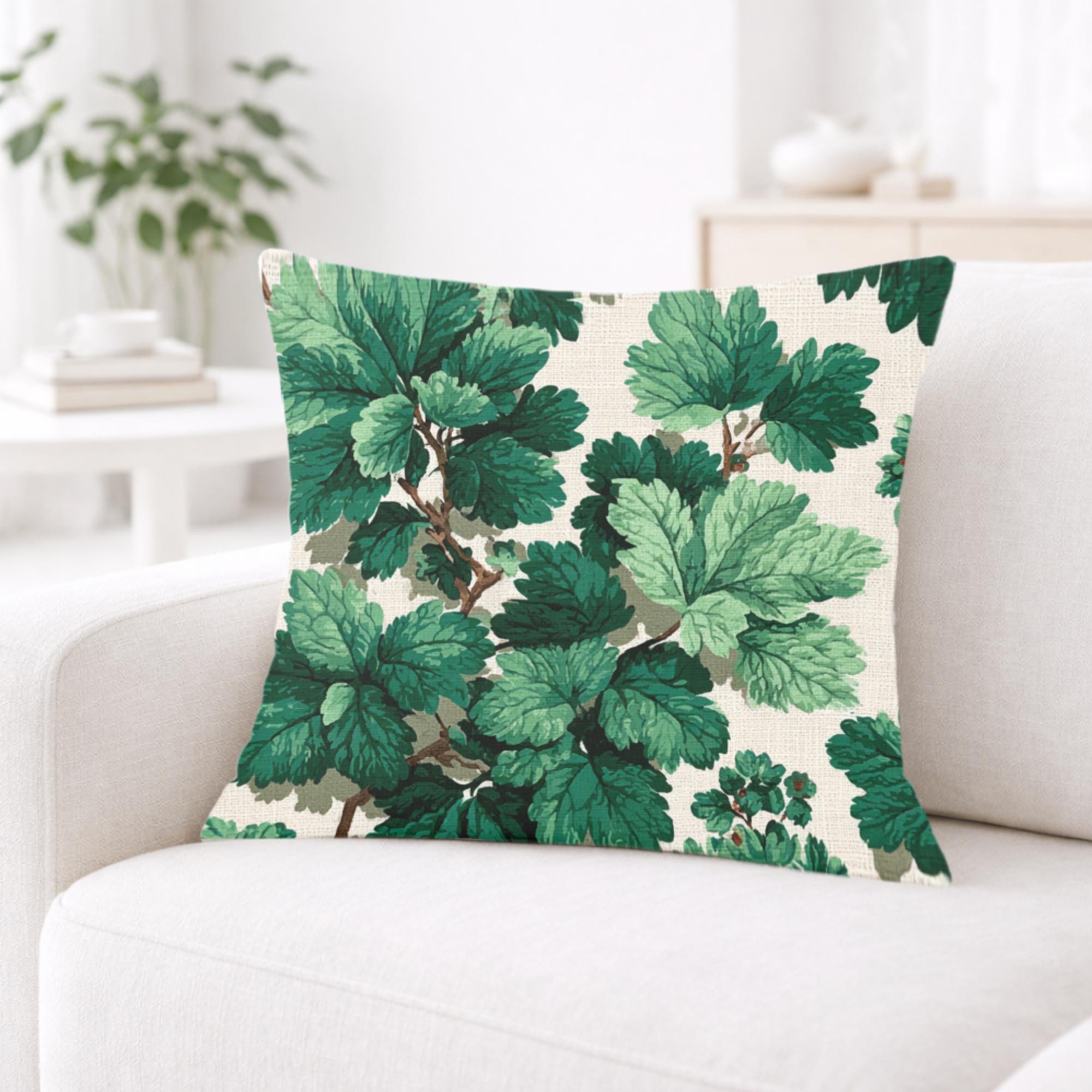 Green Botanical Leaves Pillow, Nature-Inspired Cushion, Lush Garden Leaf Throw Pillow, Cottagecore Pillowcase, Serene Home Decor