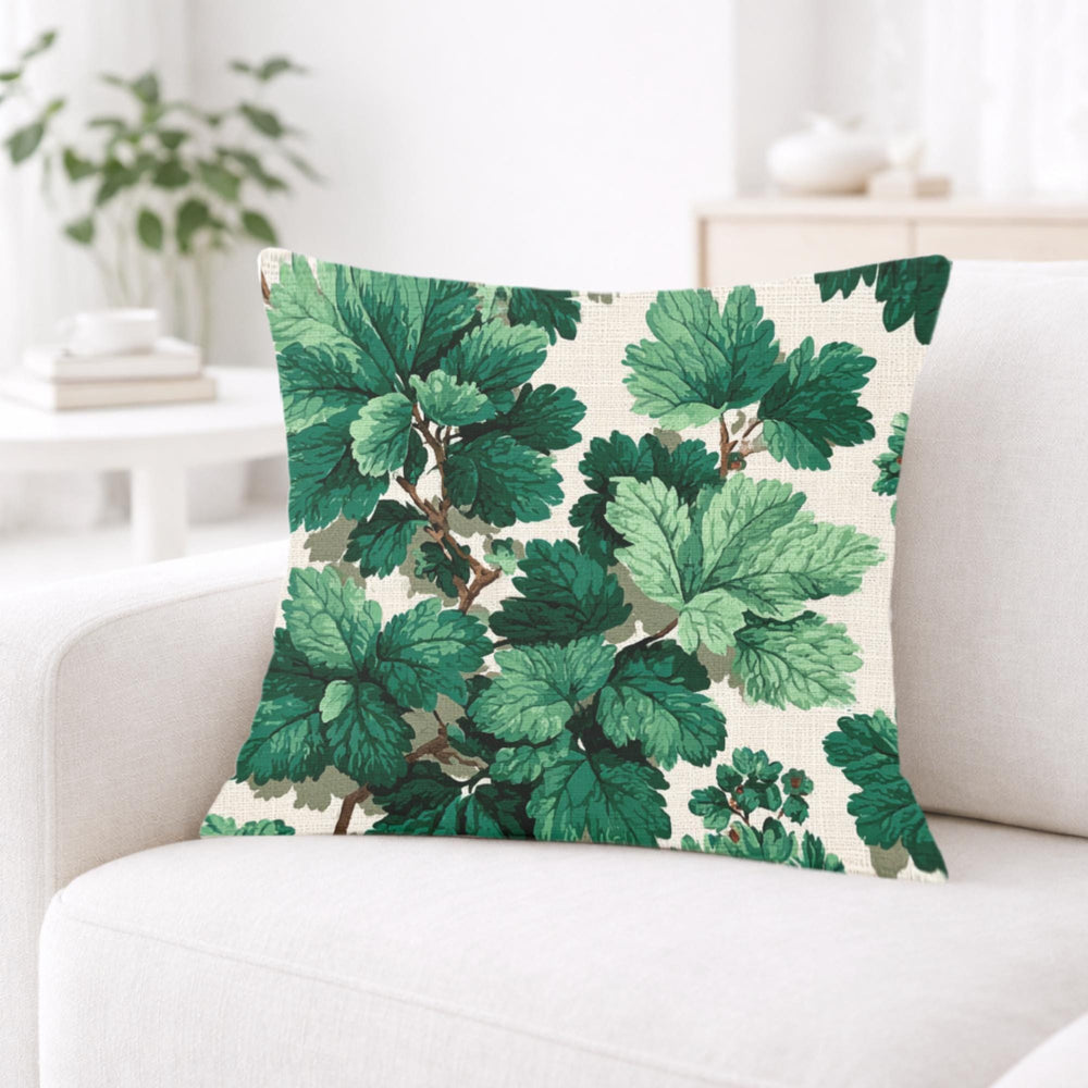 Green Botanical Leaves Pillow, Nature-Inspired Cushion, Lush Garden Leaf Throw Pillow, Cottagecore Pillowcase, Serene Home Decor