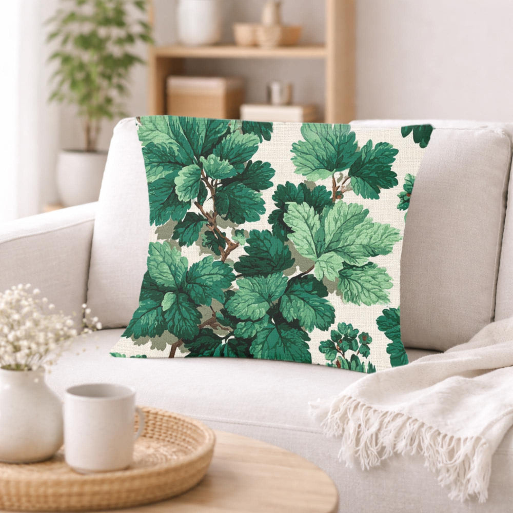 Green Botanical Leaves Pillow, Nature-Inspired Cushion, Lush Garden Leaf Throw Pillow, Cottagecore Pillowcase, Serene Home Decor
