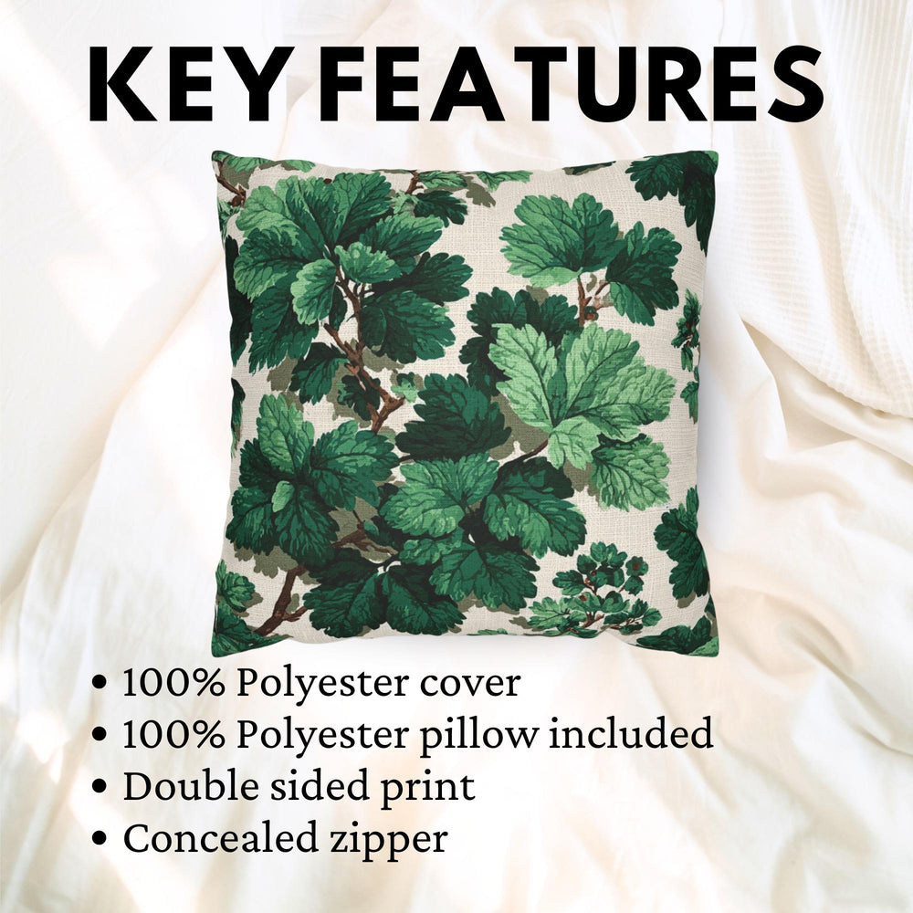 Green Botanical Leaves Pillow, Nature-Inspired Cushion, Lush Garden Leaf Throw Pillow, Cottagecore Pillowcase, Serene Home Decor