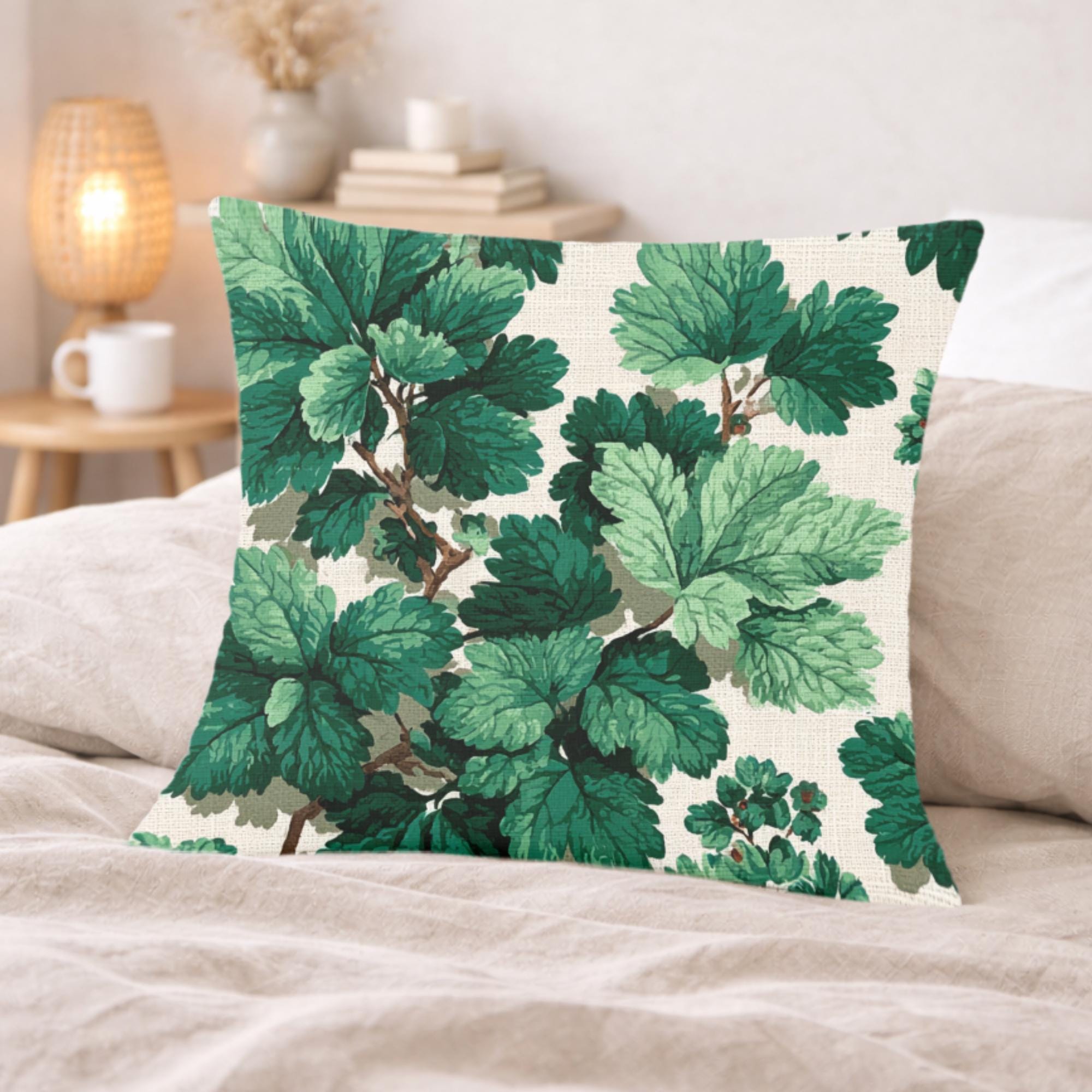 Green Botanical Leaves Pillow, Nature-Inspired Cushion, Lush Garden Leaf Throw Pillow, Cottagecore Pillowcase, Serene Home Decor