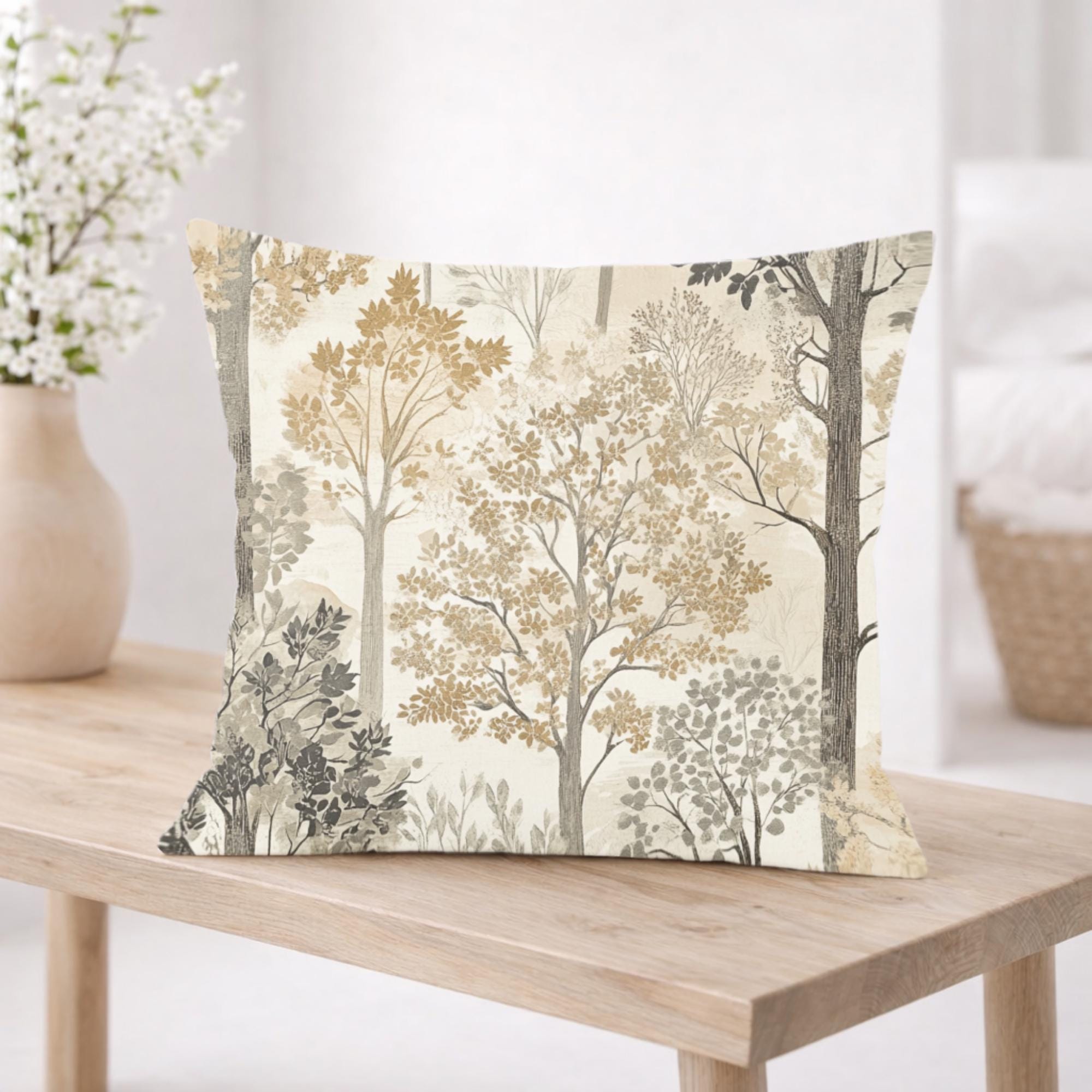 Woodland Forest Trees Pillow, Neutral Nature-Inspired Throw Pillow, Beige Grey Accent Cushion, Botanical Pillowcase, Cozy Rustic Home Decor