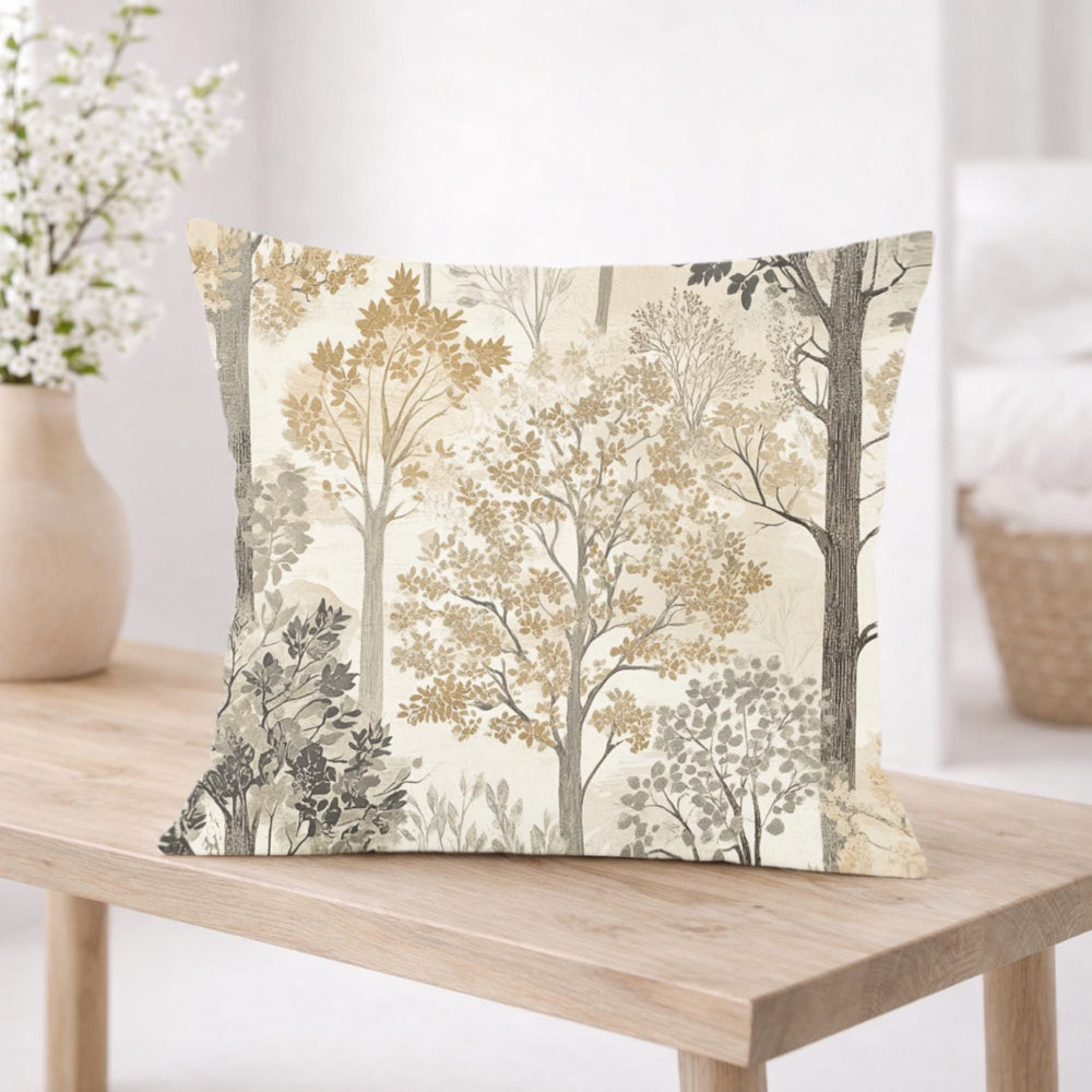 Woodland Forest Trees Pillow, Neutral Nature-Inspired Throw Pillow, Beige Grey Accent Cushion, Botanical Pillowcase, Cozy Rustic Home Decor
