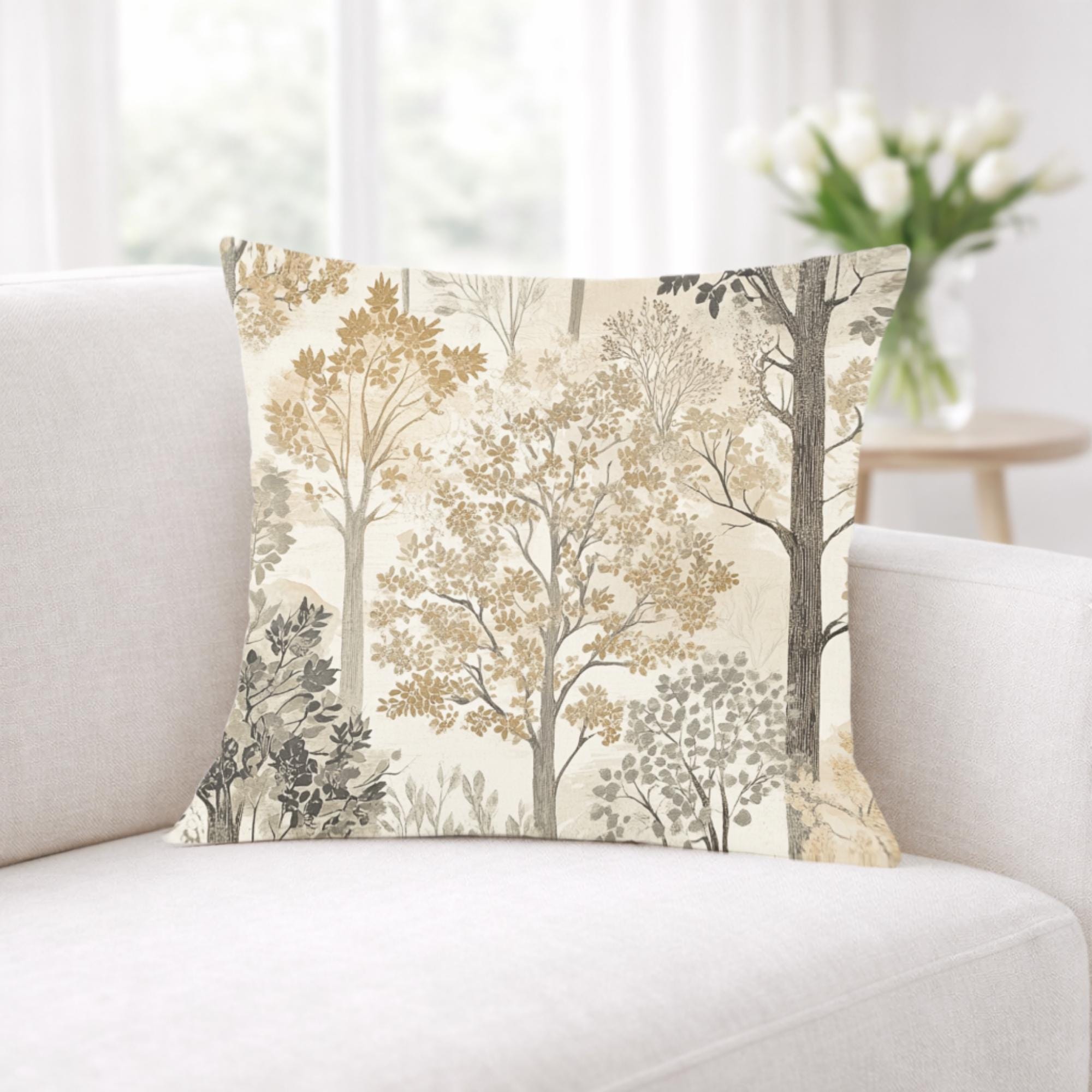 Woodland Forest Trees Pillow, Neutral Nature-Inspired Throw Pillow, Beige Grey Accent Cushion, Botanical Pillowcase, Cozy Rustic Home Decor