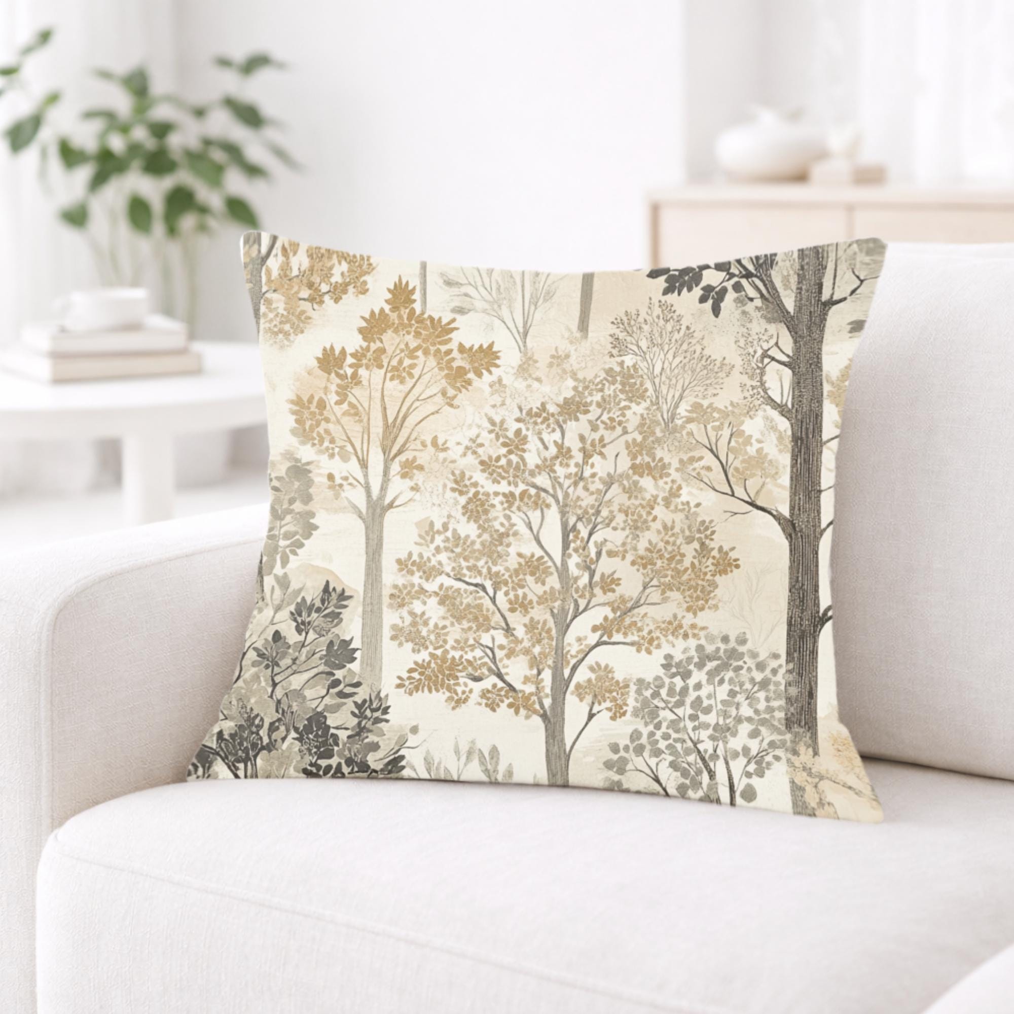Woodland Forest Trees Pillow, Neutral Nature-Inspired Throw Pillow, Beige Grey Accent Cushion, Botanical Pillowcase, Cozy Rustic Home Decor